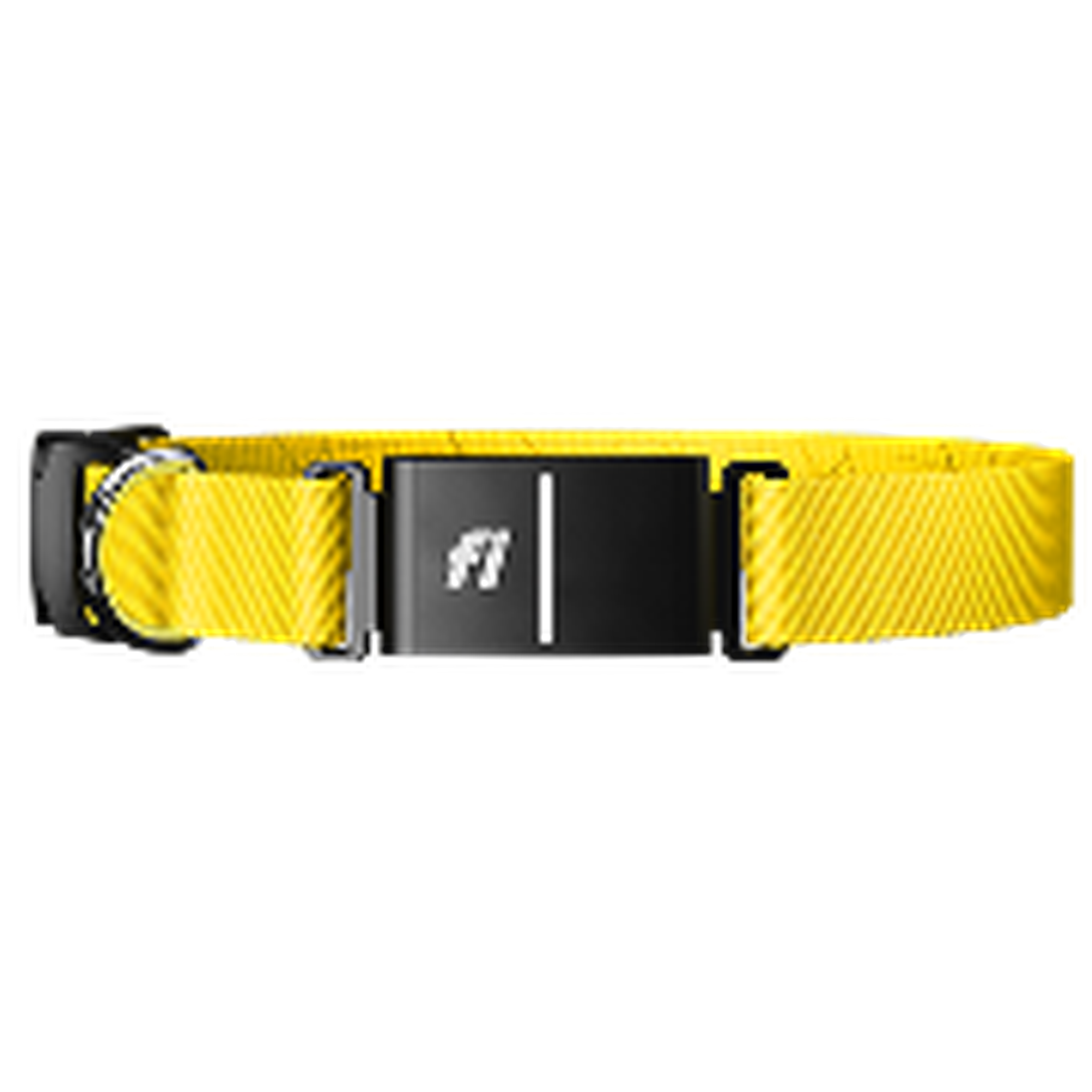 Bright yellow dog collar with a black buckle featuring a white logo, isolated on a white background.