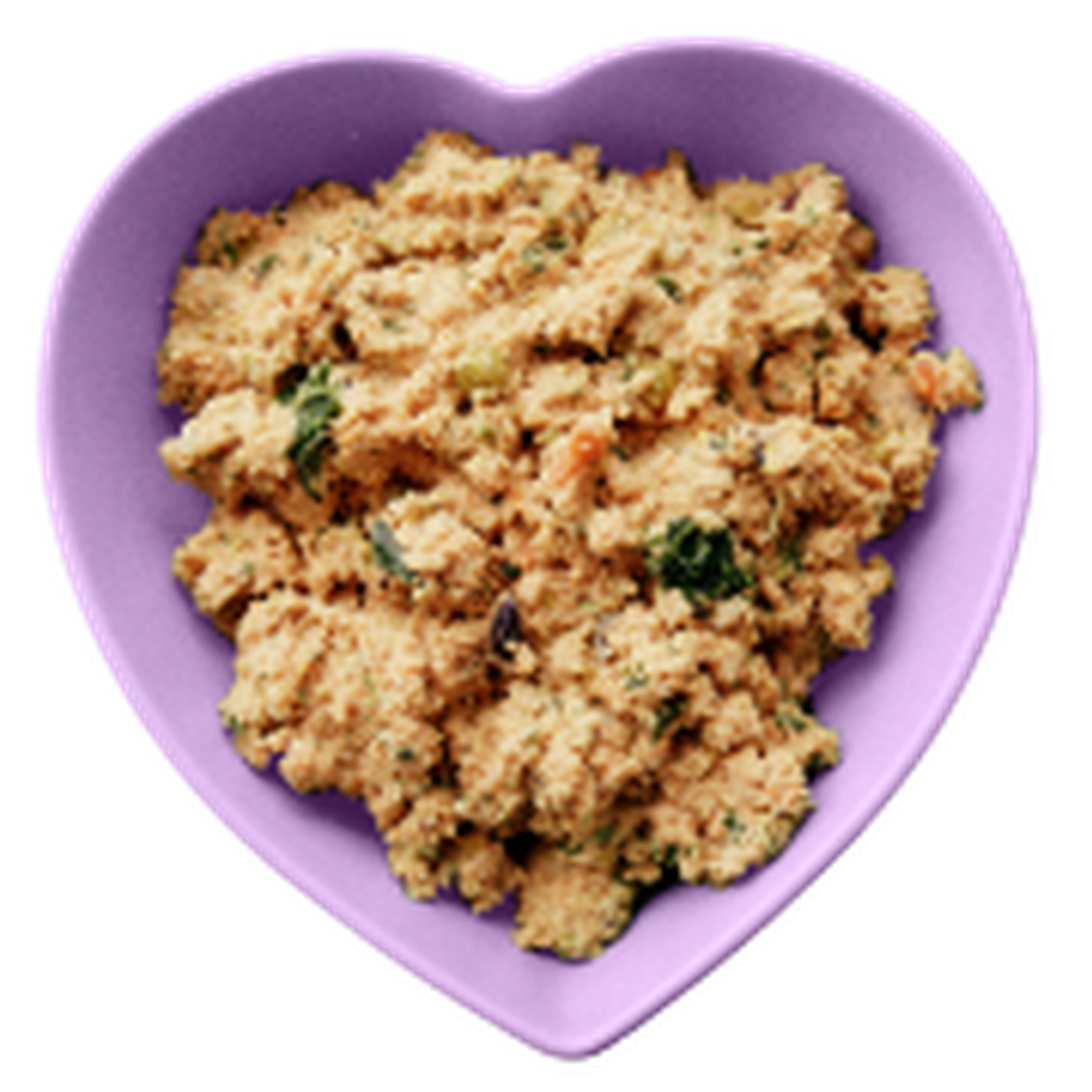 A heart-shaped lavender bowl filled with a crumbled, textured dish includes herbs and small vegetable pieces.