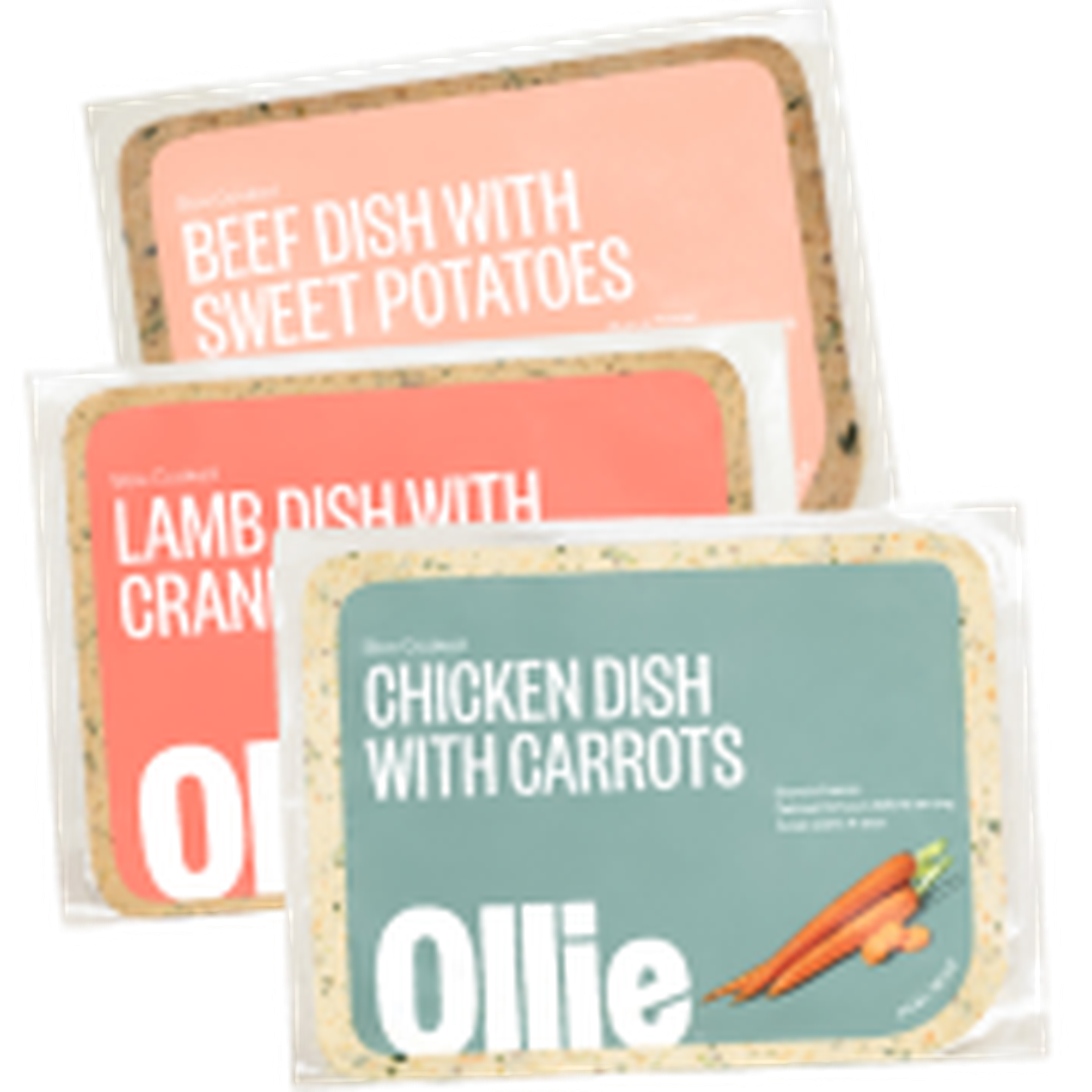 Three packaged pet food meals labeled "Beef Dish with Sweet Potatoes," "Lamb Dish with Cranberries," and "Chicken Dish with Carrots."