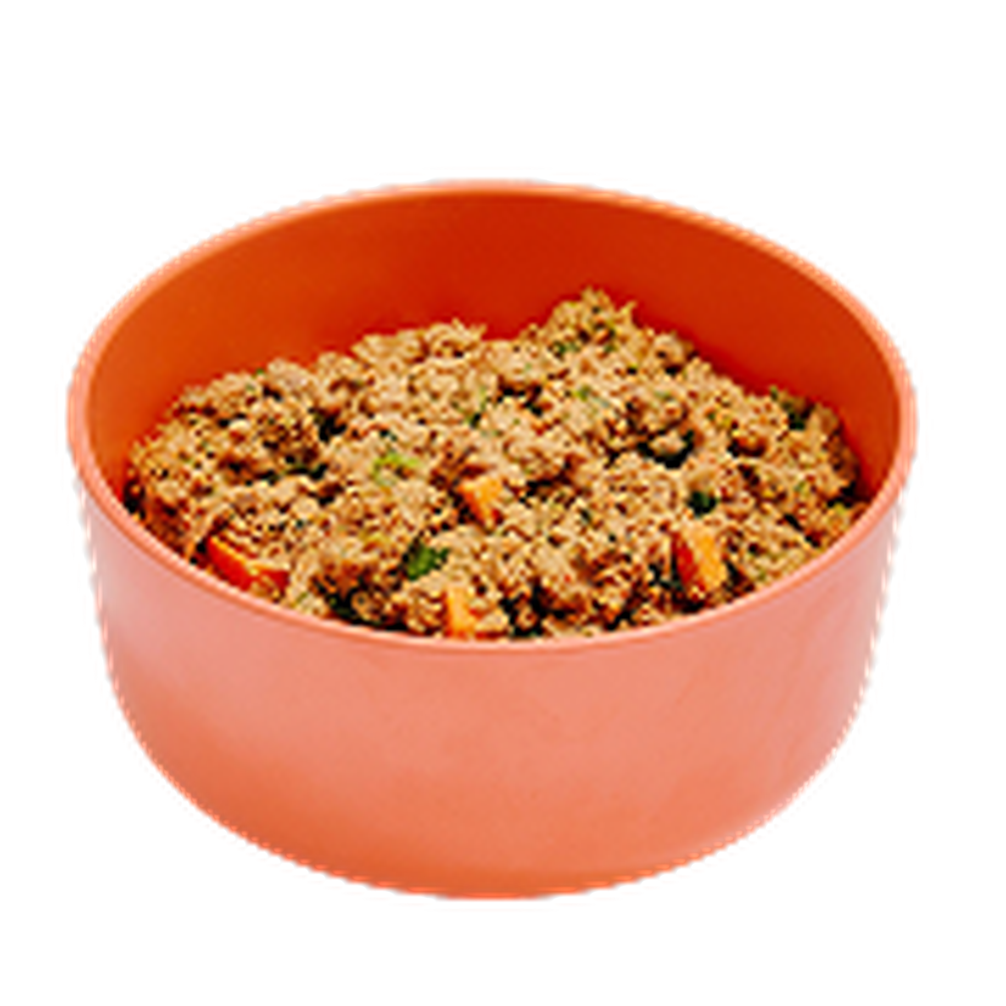 Orange bowl filled with mixed pet food, including minced meat and diced vegetables like carrots and peas.