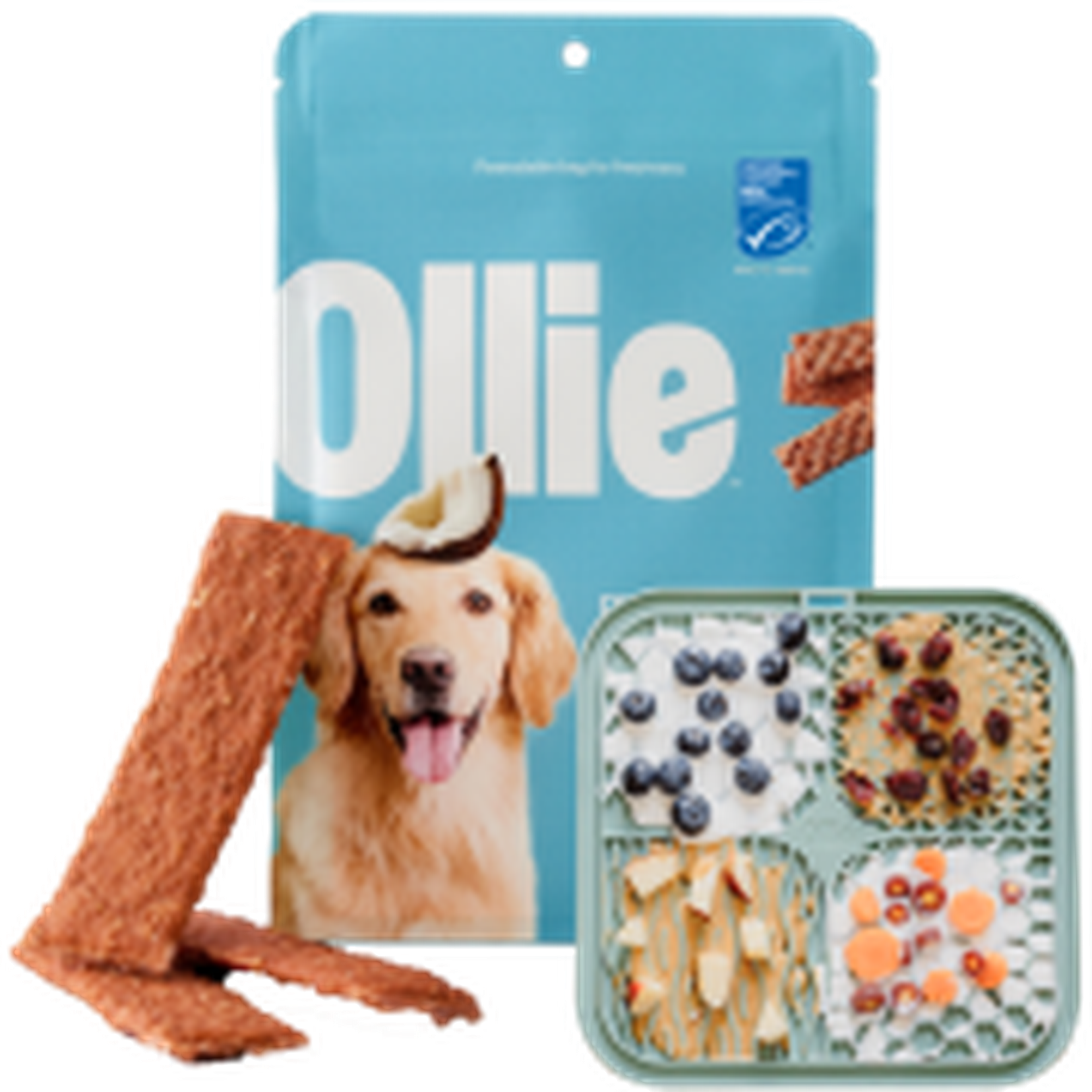 Image showing a bag of salmon jerky treats with a lick mat next to it