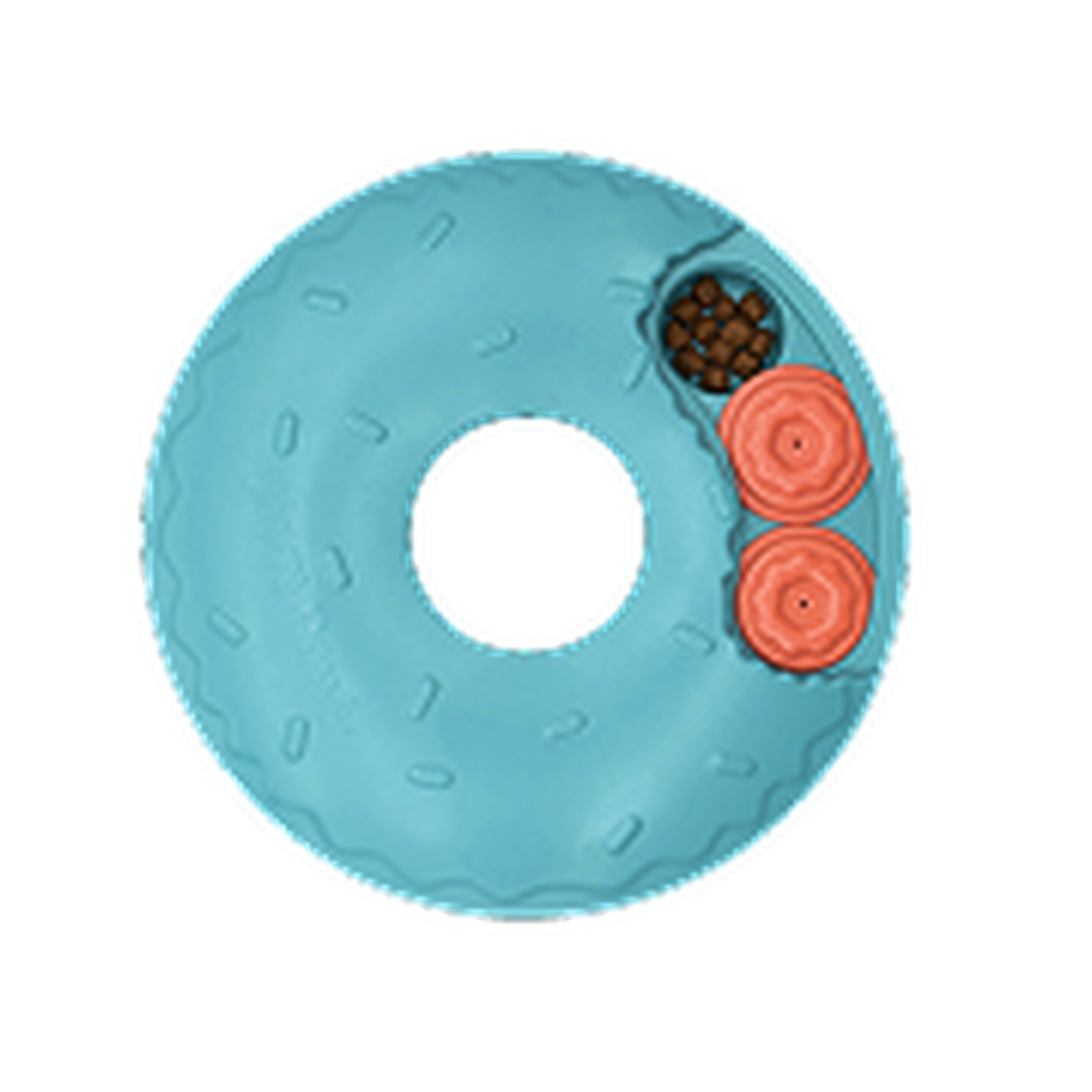 Blue donut-shaped dog toy with two pink swirls and brown textured areas on top, simulating icing and sprinkles.