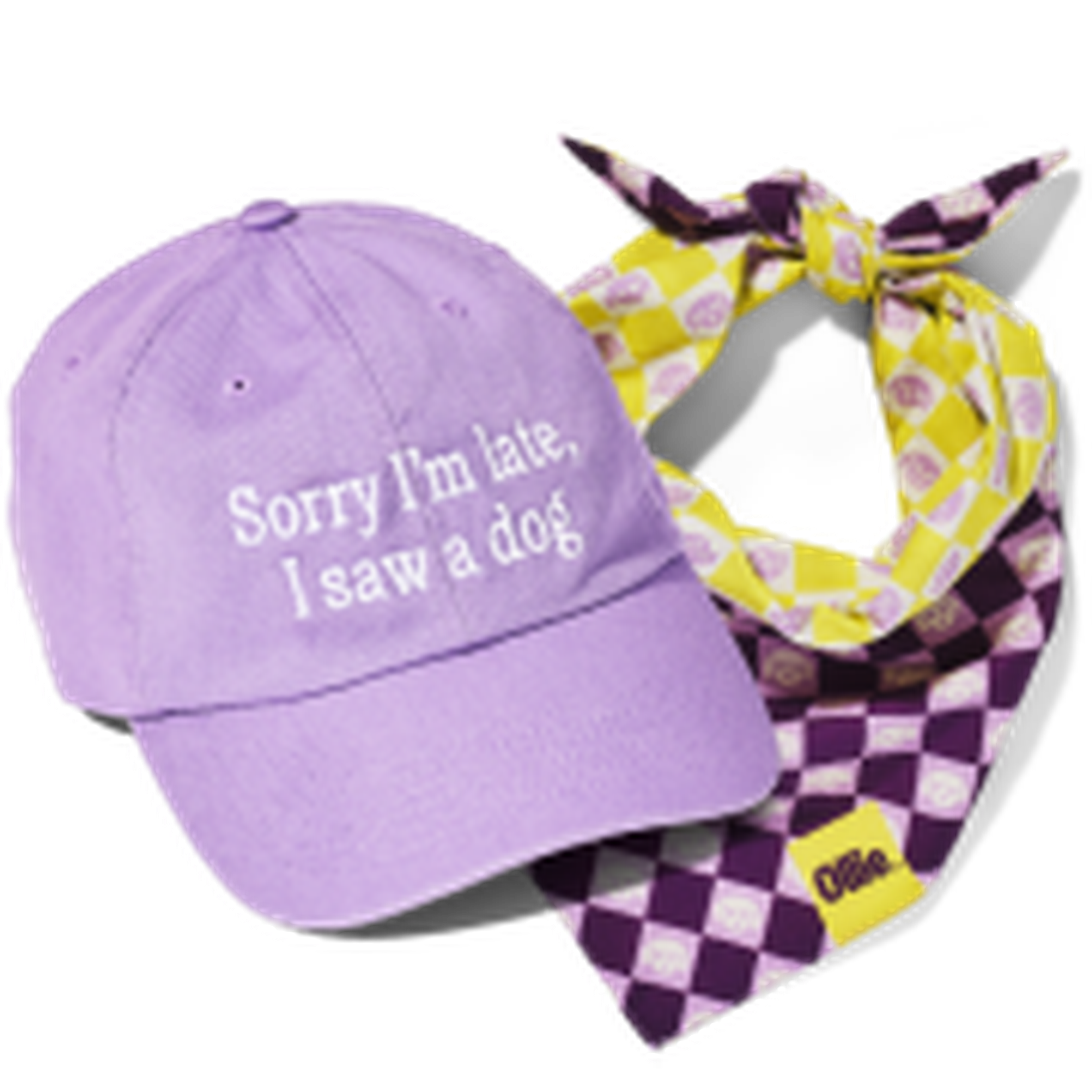 Purple cap with "Sorry I'm late, I saw a dog" and two colorful, checkered neckerchiefs, one in purple and one in yellow with a "one" patch.