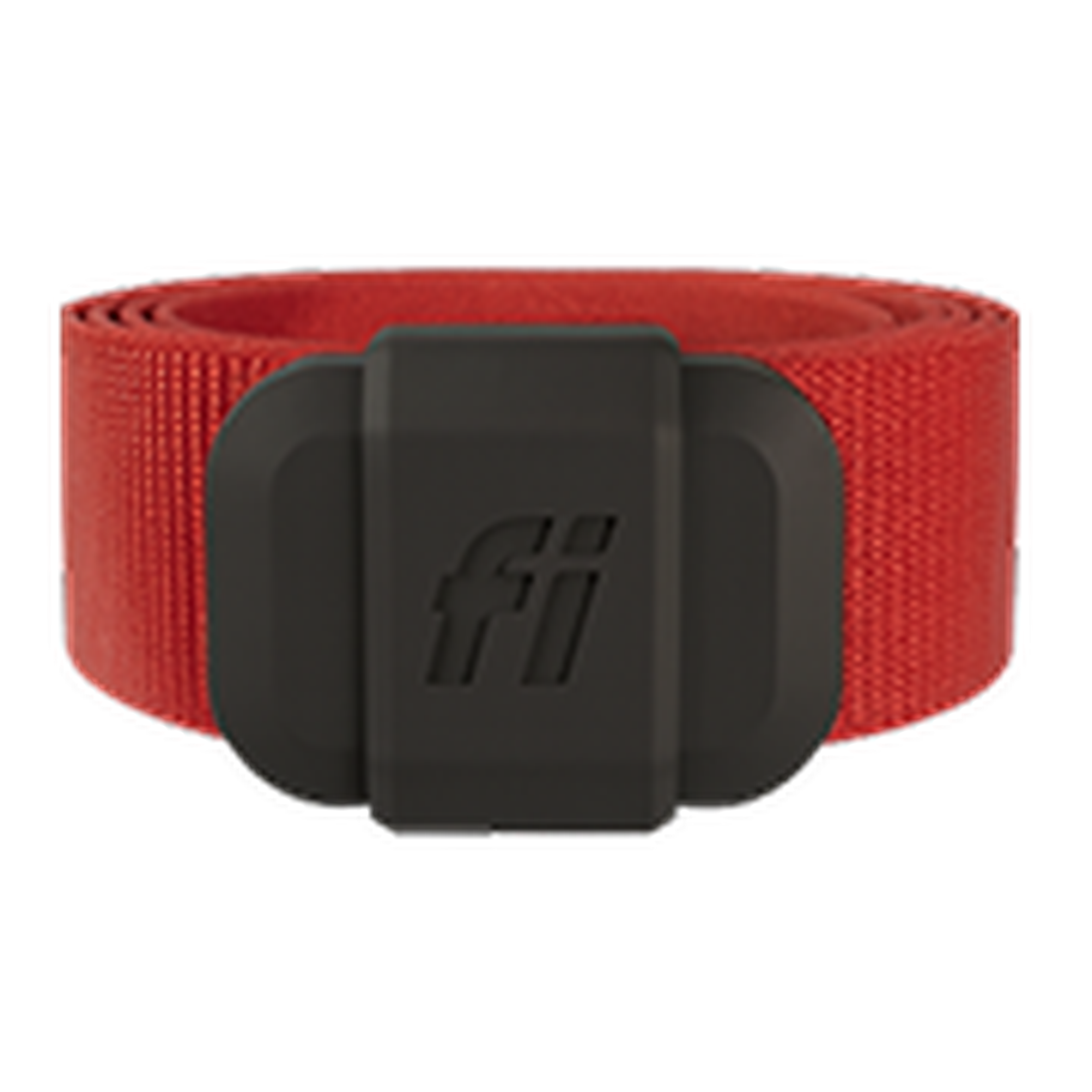 Red dog collar with a black, rectangular buckle featuring the "fi" logo.