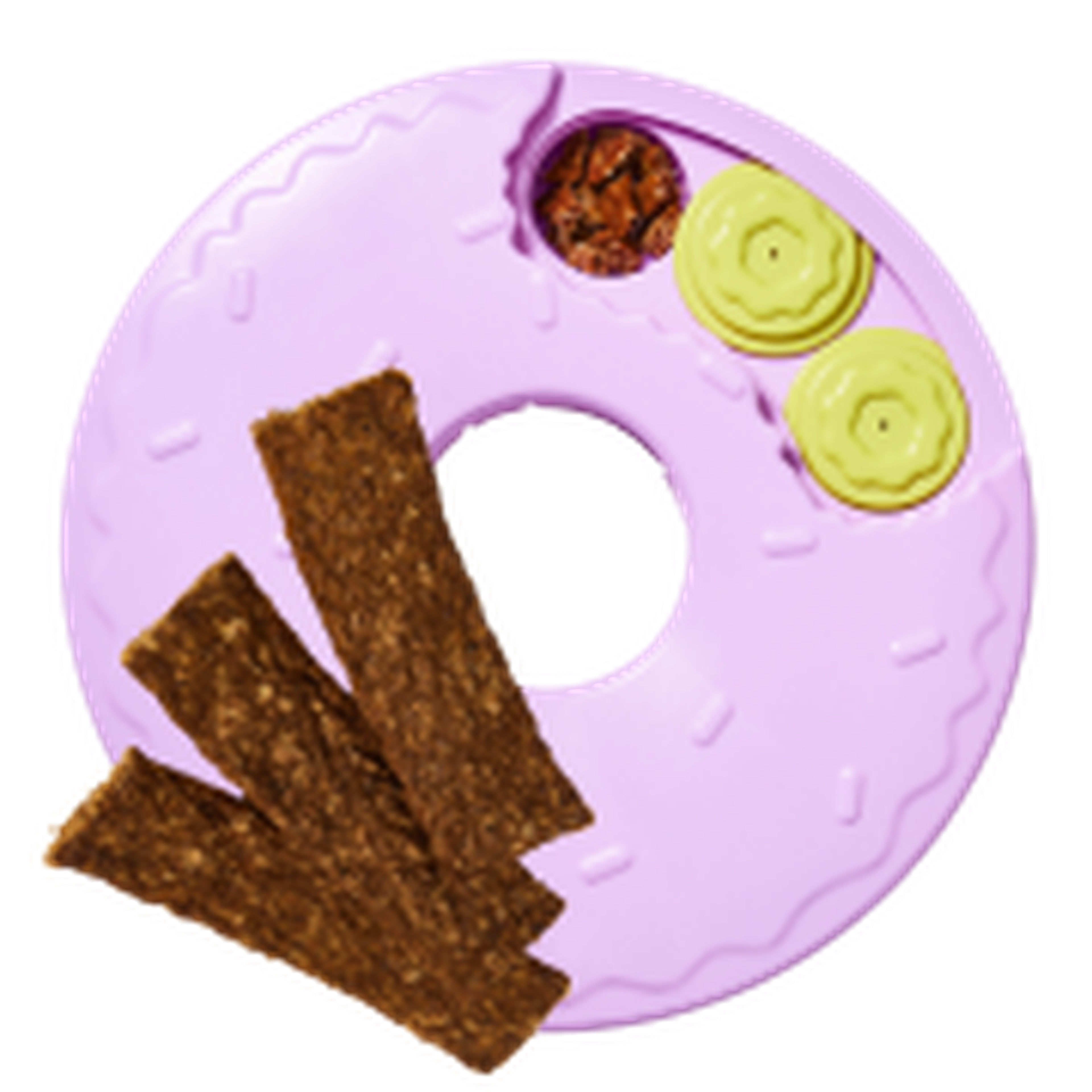 A pink frosted donut with two yellow-green swirls and a section of brown crumbs, adorned with three rectangular brown crackers on top.
