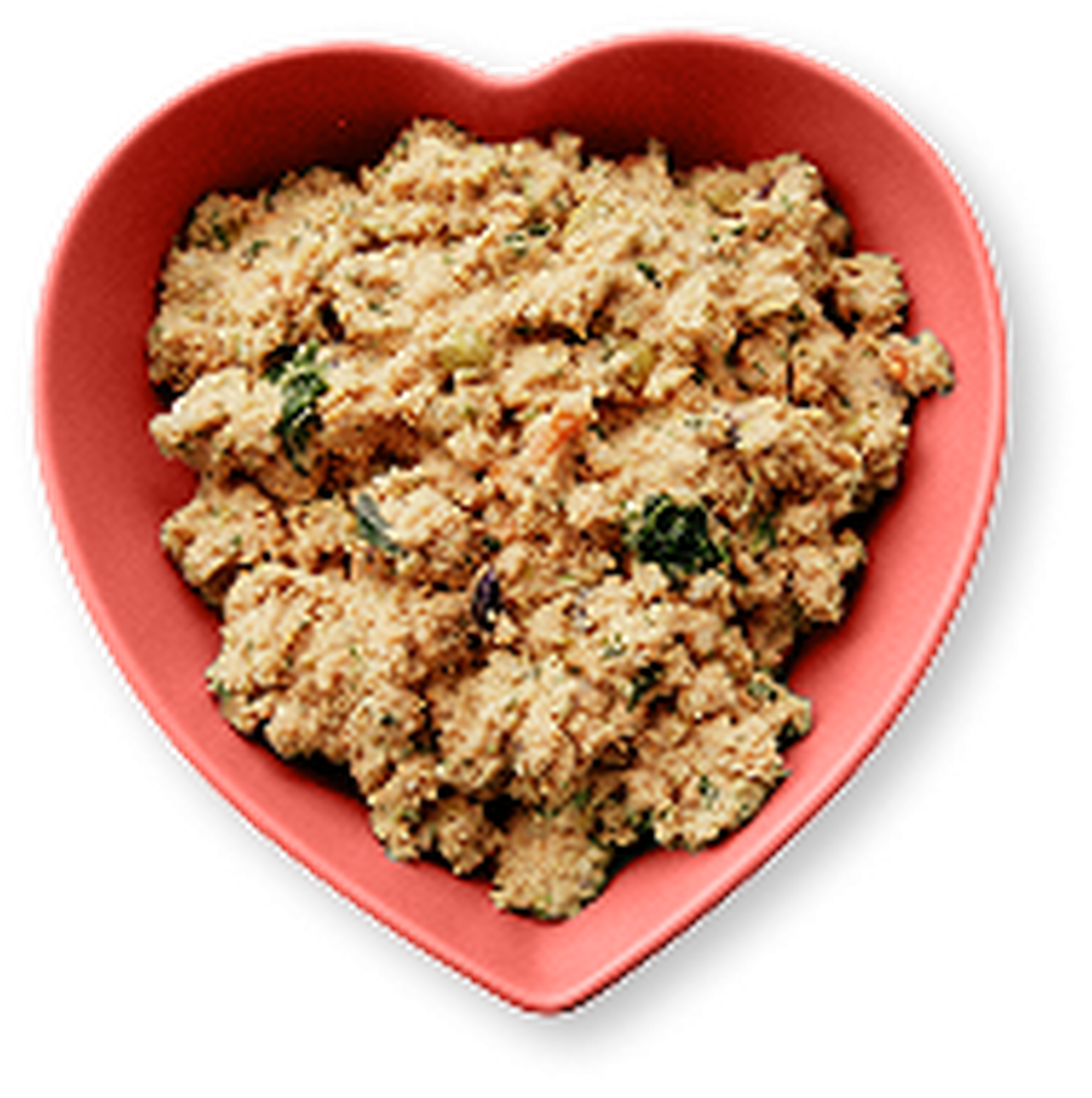 Heart-shaped bowl filled with Ollie Fresh dog food containing visible vegetables.