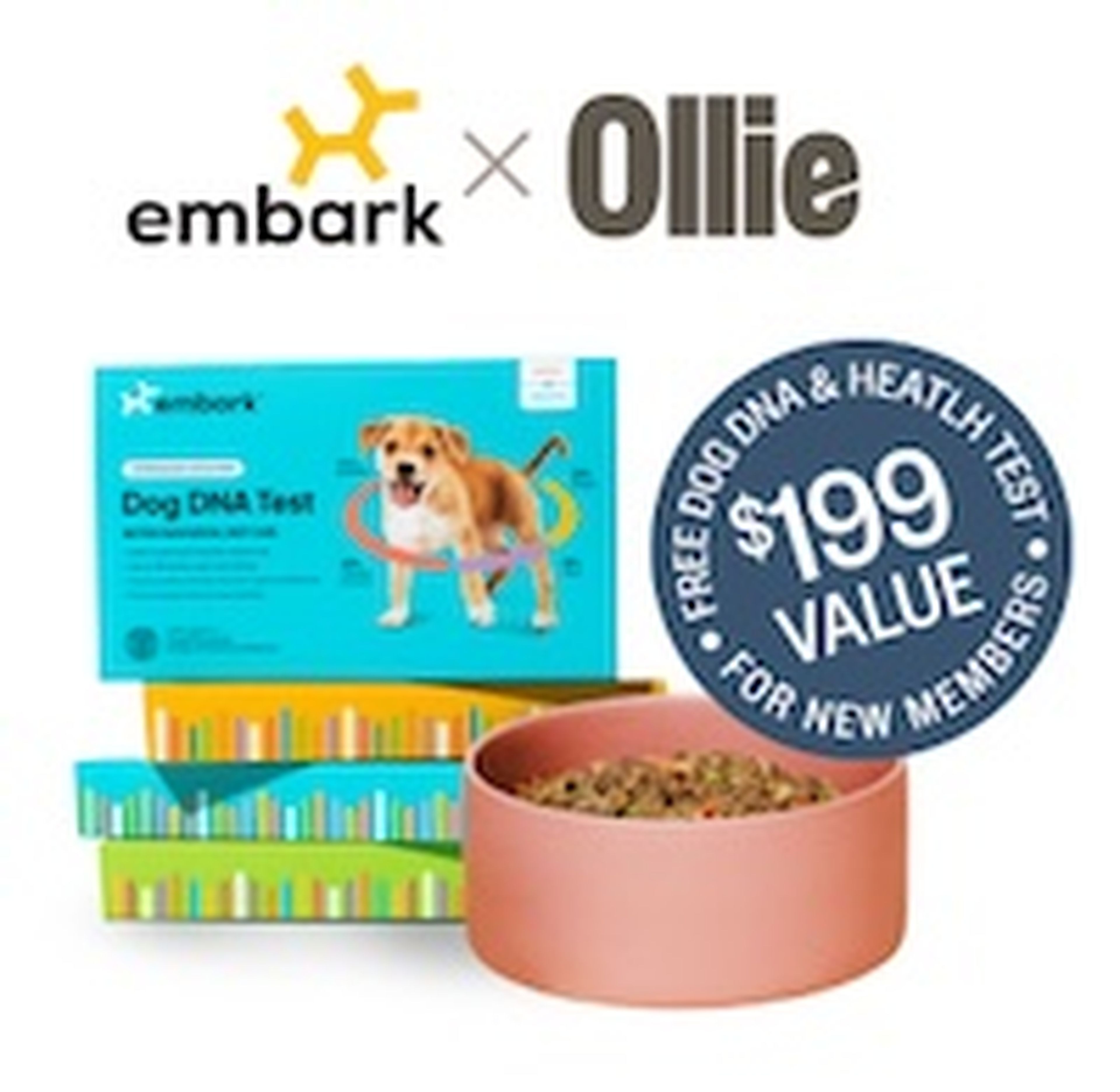 Embark and Ollie promotion featuring a dog DNA test kit and a bowl of dog food, with a $199 value offer for new members.