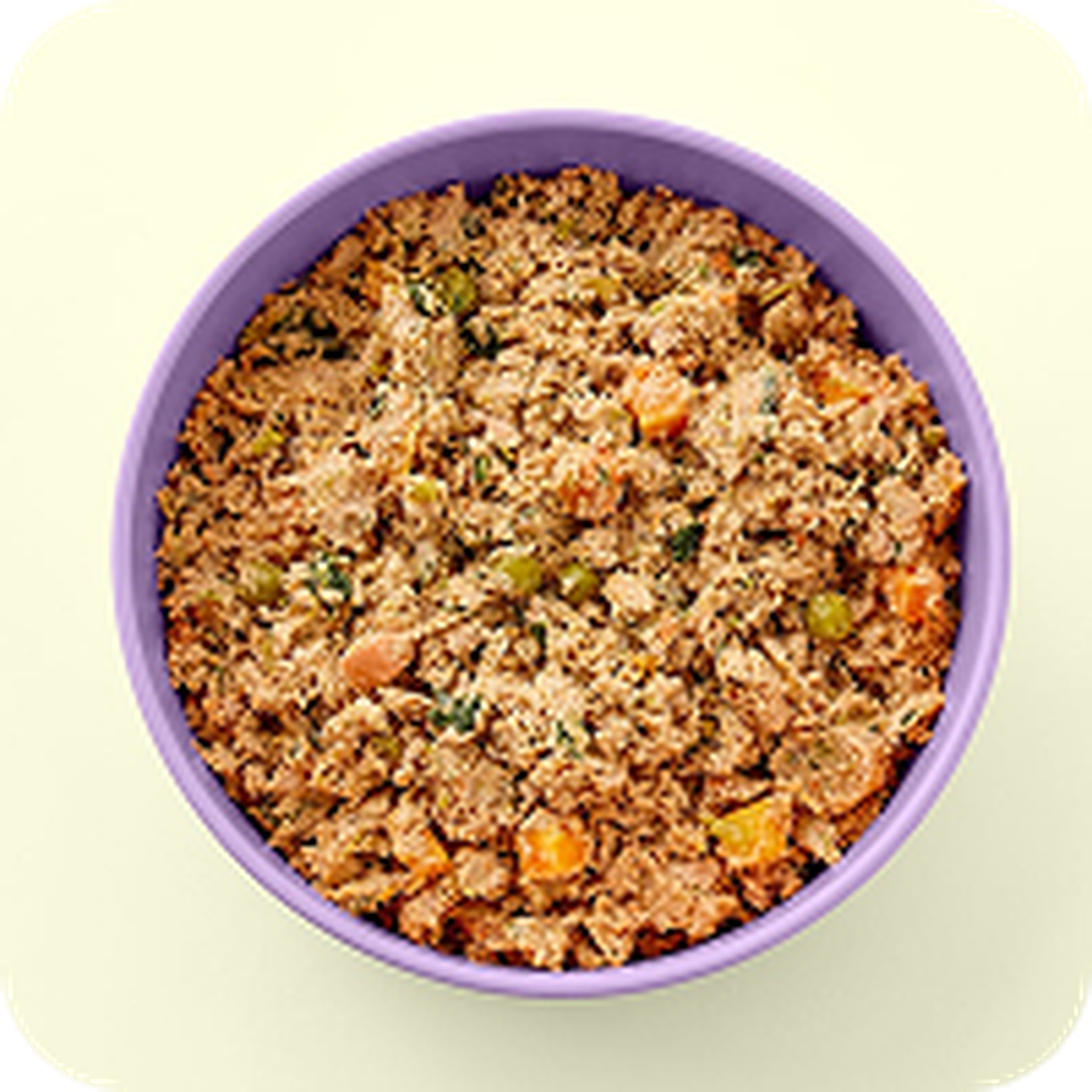 A bowl of mixed pet food with chunks of meat, peas, and carrots in a purple bowl on a light background.