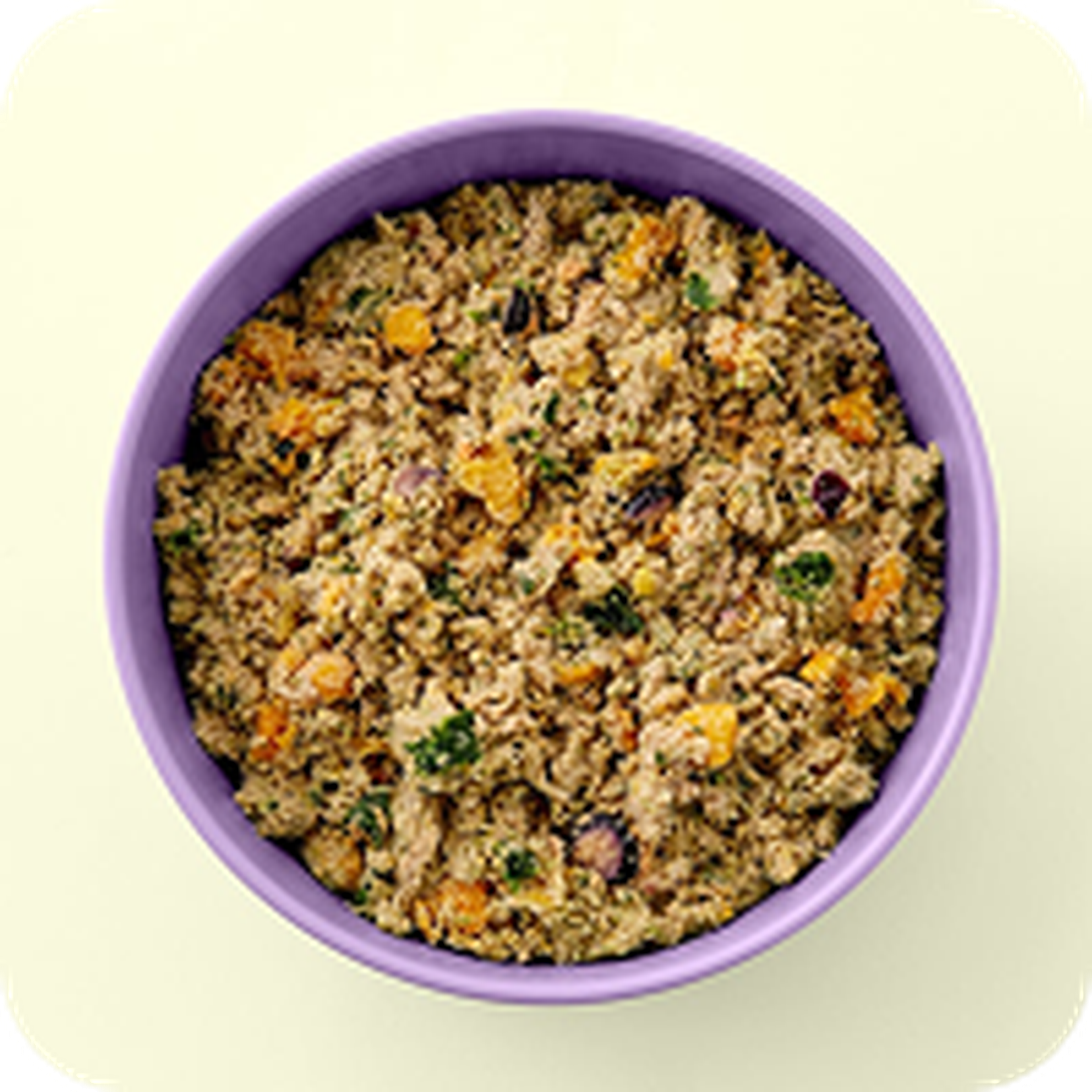 A bowl of mixed grains and vegetables, featuring vibrant orange, green, and purple accents, served in a light purple bowl on a light background.