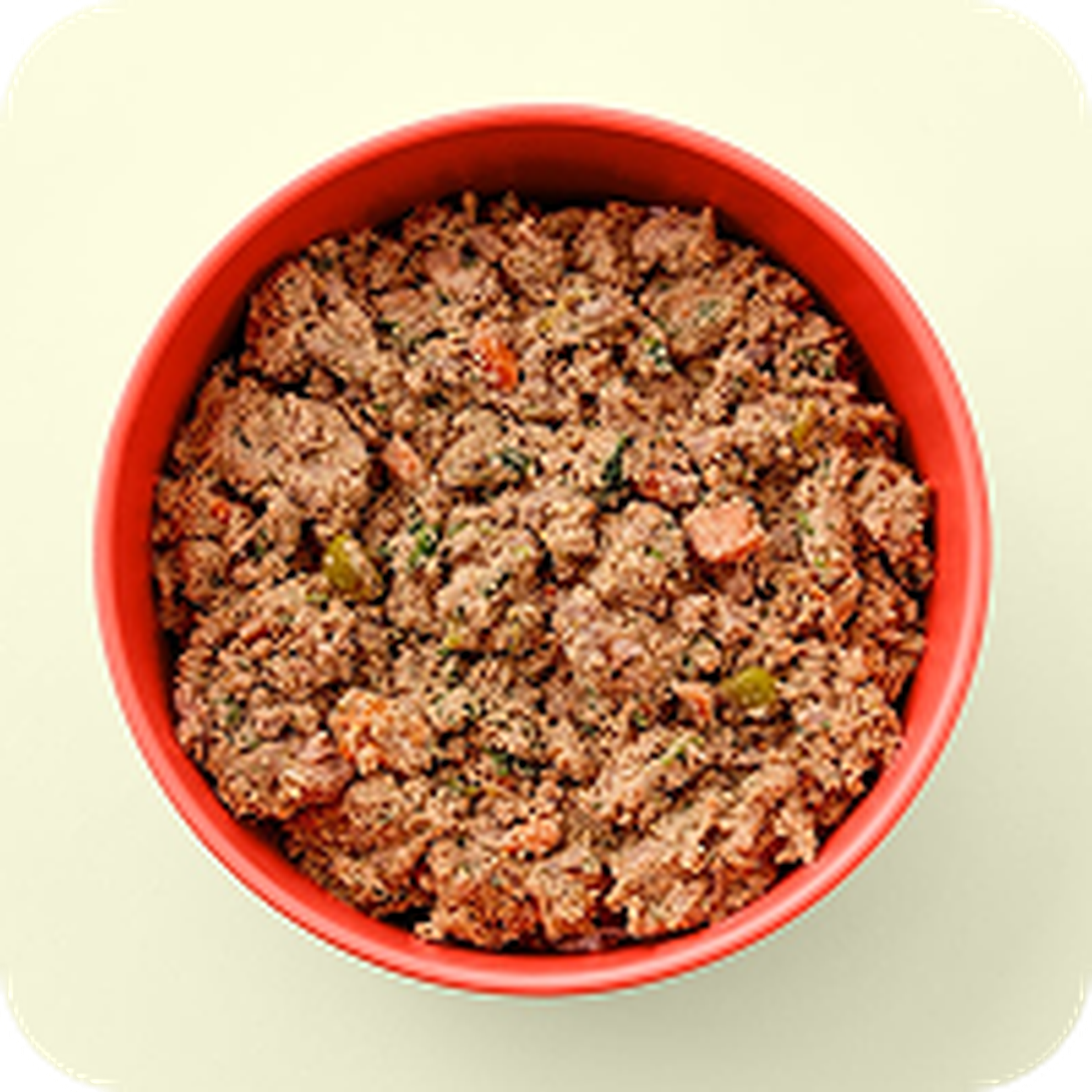 A red bowl filled with chunky dog food, containing visible pieces of meat and vegetables, set against a light background.
