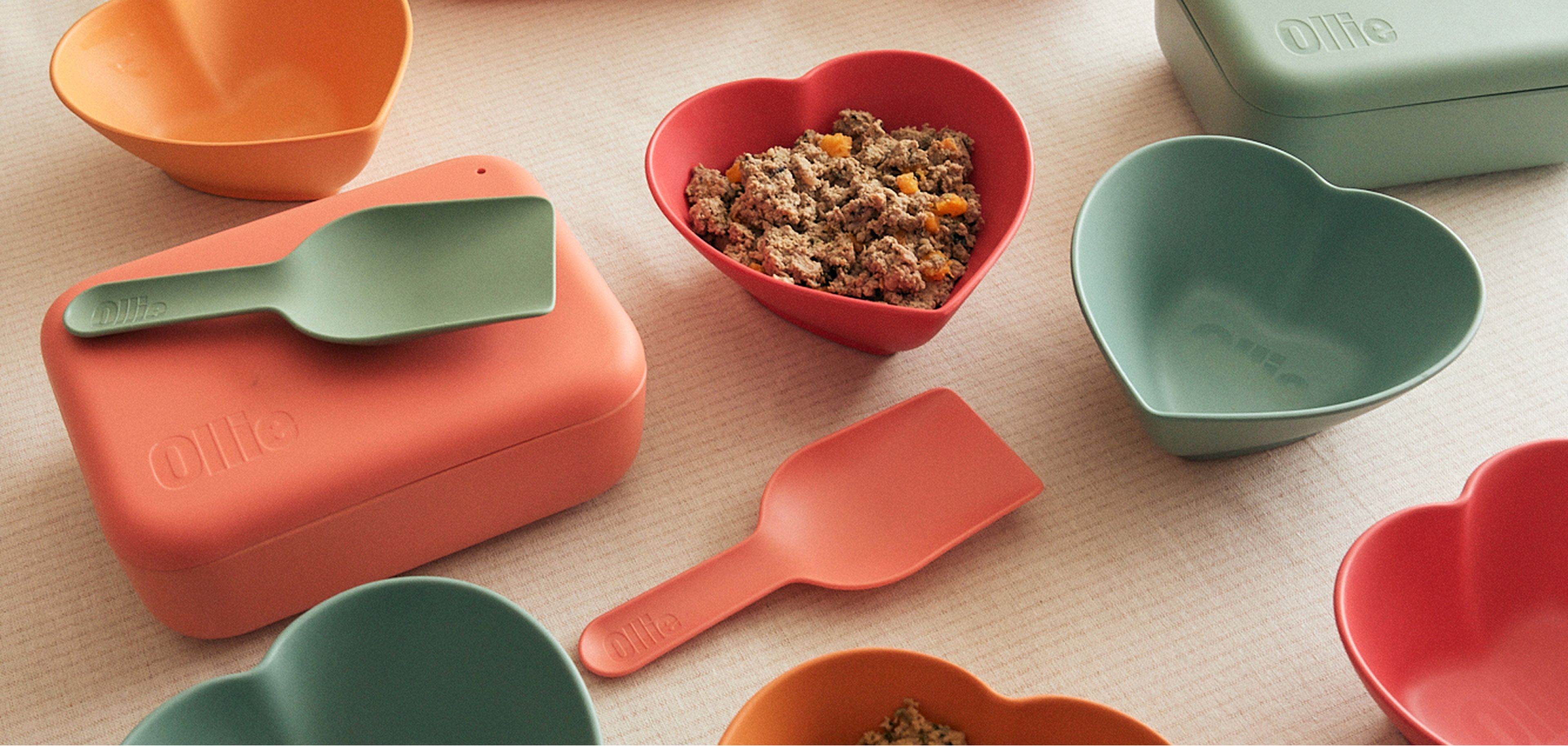 Heart-shaped bowls and rectangular containers with dog food, accompanied by silicone scoops, on a light surface.