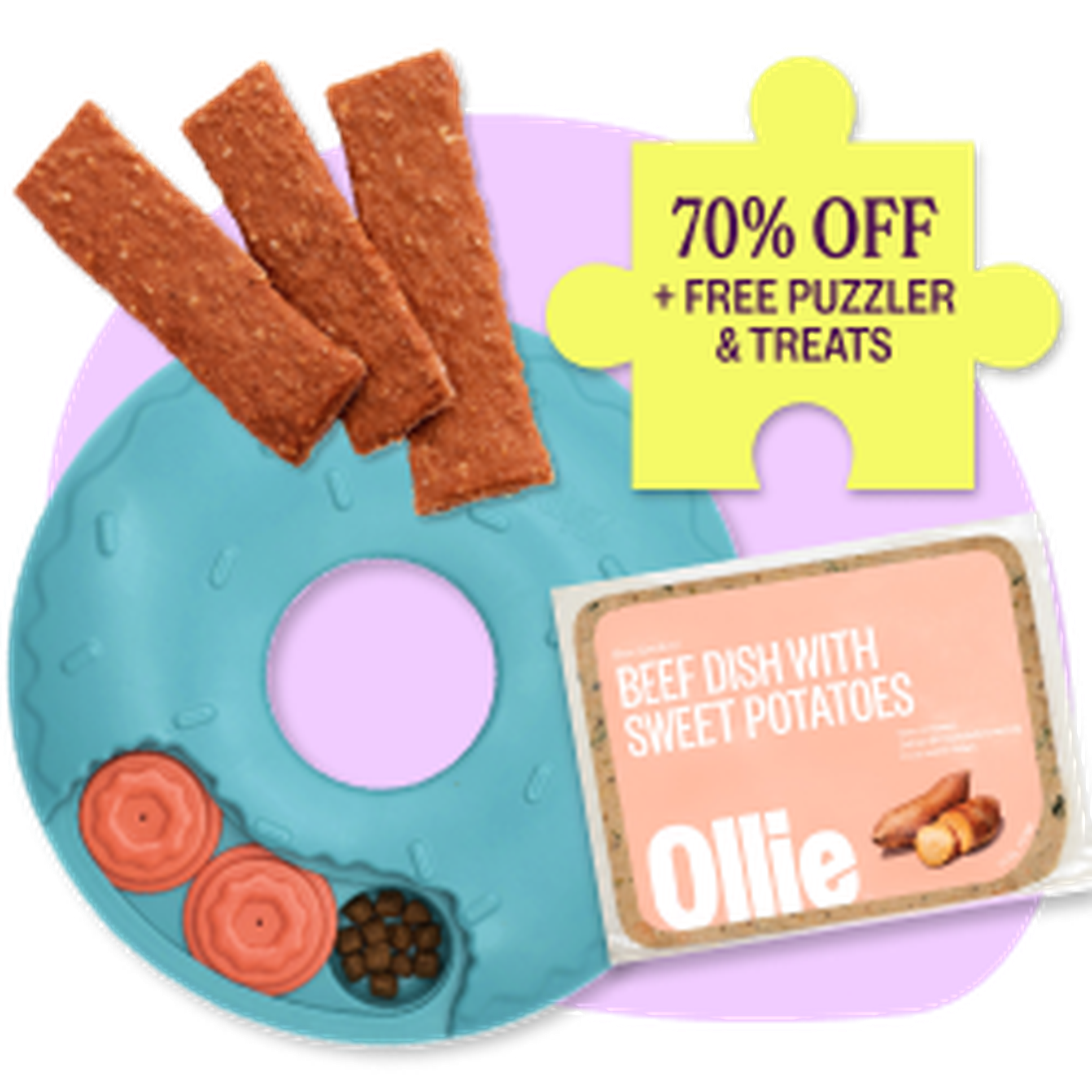 Dog treat set with pink and blue toy, beef and sweet potatoes dish, and treat sticks. Text: "70% OFF + FREE PUZZLER & TREATS."