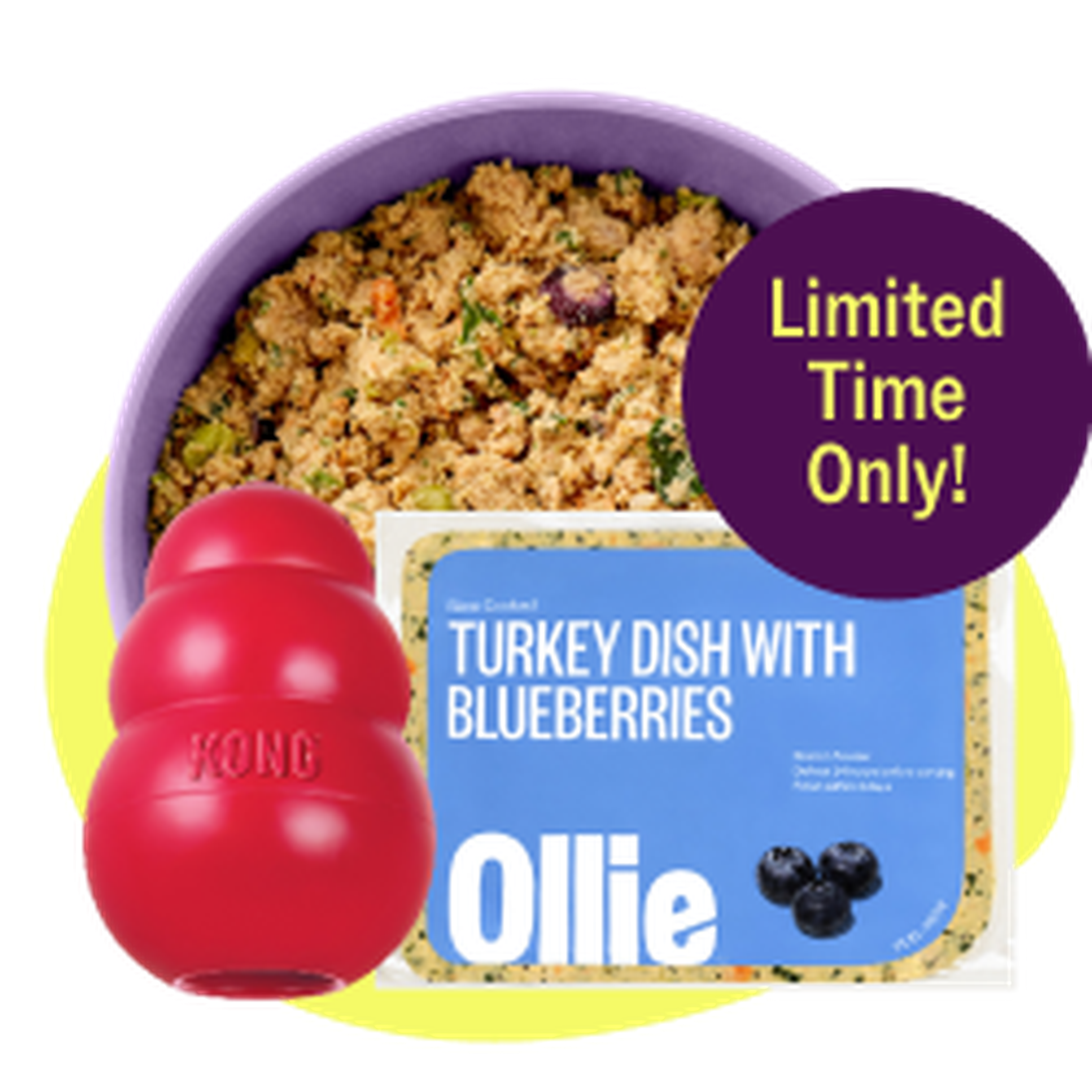 Dog food with turkey, blueberries in a purple bowl, a red Kong toy, and a "Limited Time Only!" label.