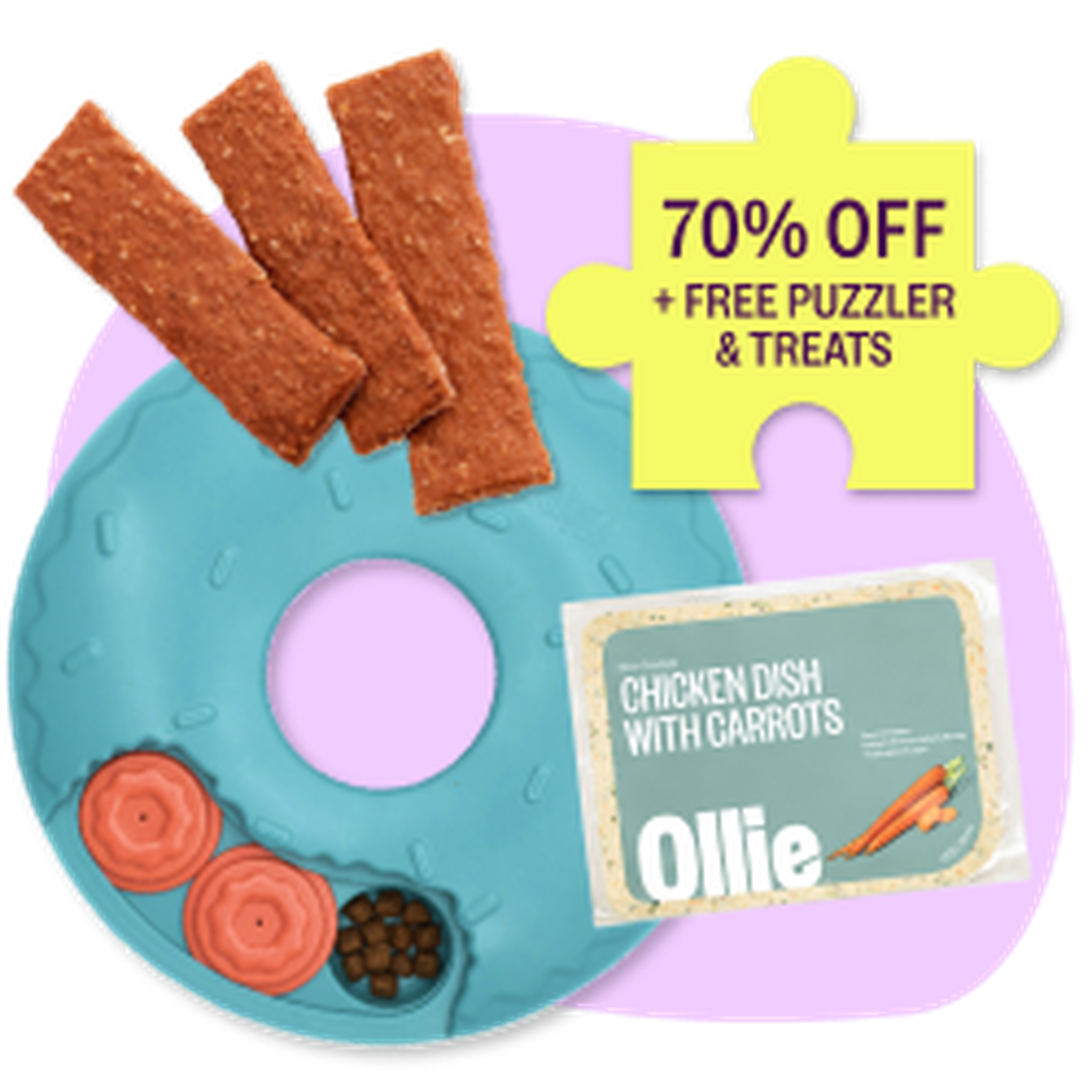 Blue donut toy with dog treats, Ollie chicken dish pack, and puzzle piece with "70% OFF + Free Puzzler & Treats" offer on a purple background.
