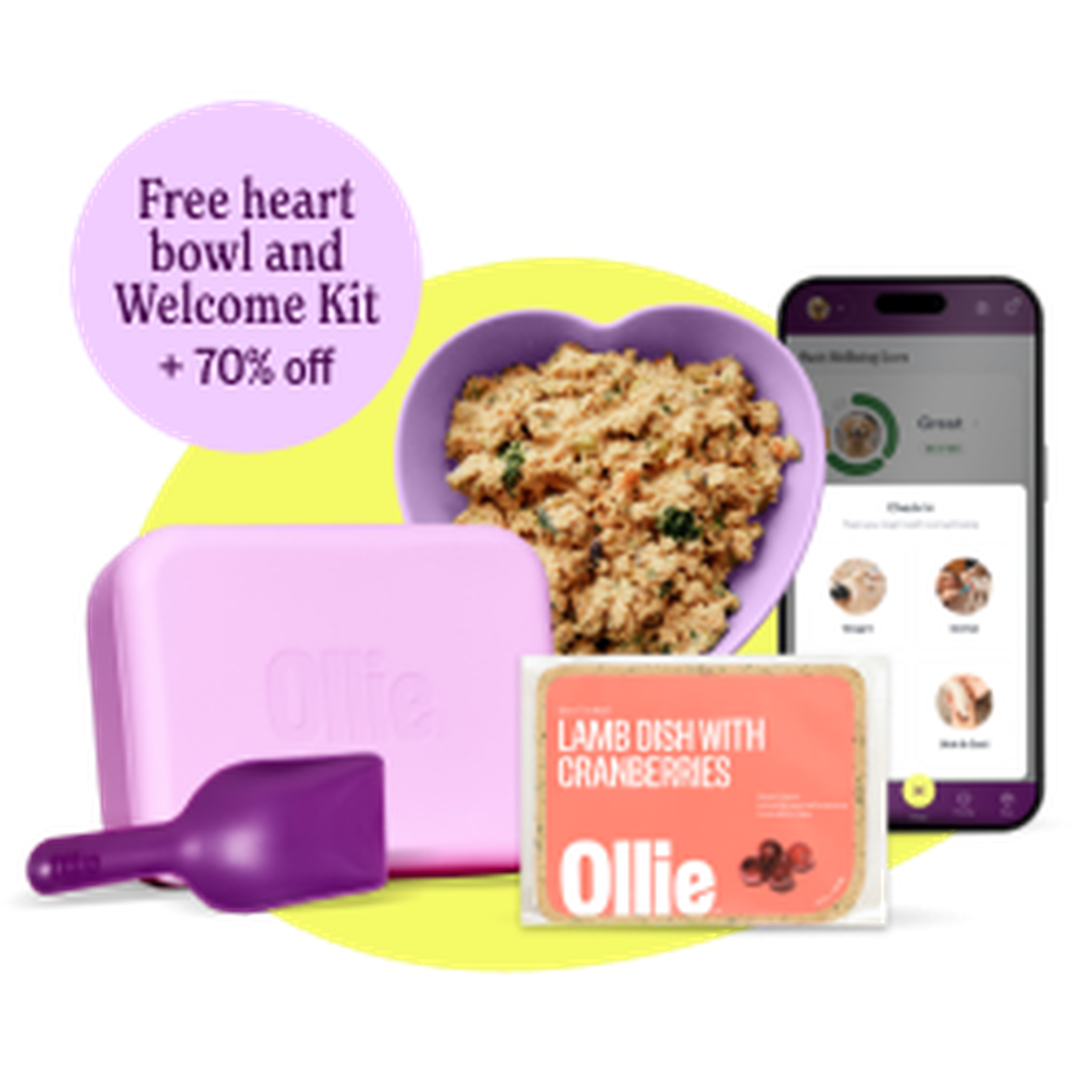Pet food kit with a heart-shaped bowl of food, a pink container, a purple scoop, a package labeled "Lamb Dish with Cranberries," and a smartphone app display.