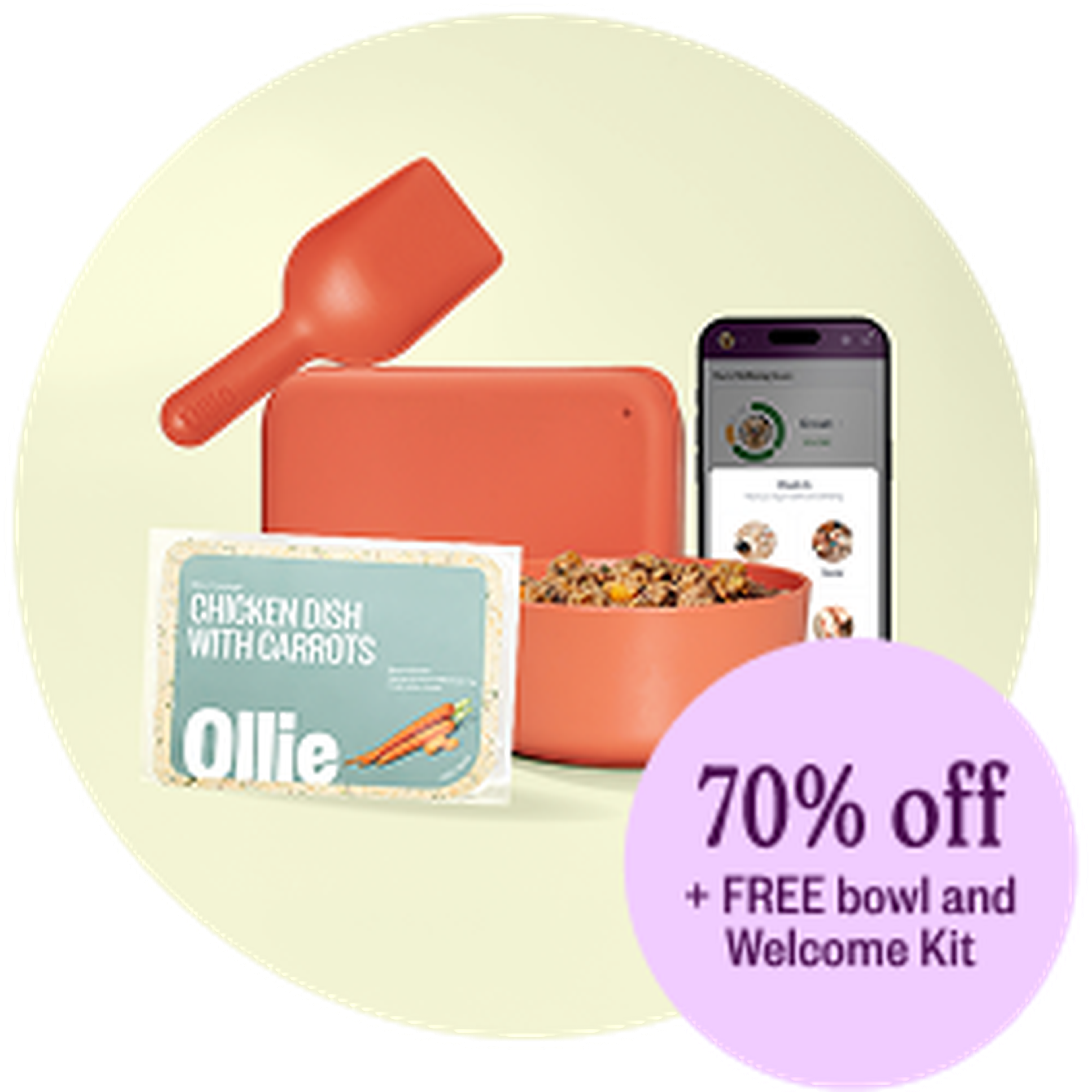 Pet food package including a bowl, scoop, smartphone app, and "Chicken Dish with Carrots" labeled packet. Text reads "70% off + FREE bowl and Welcome Kit."