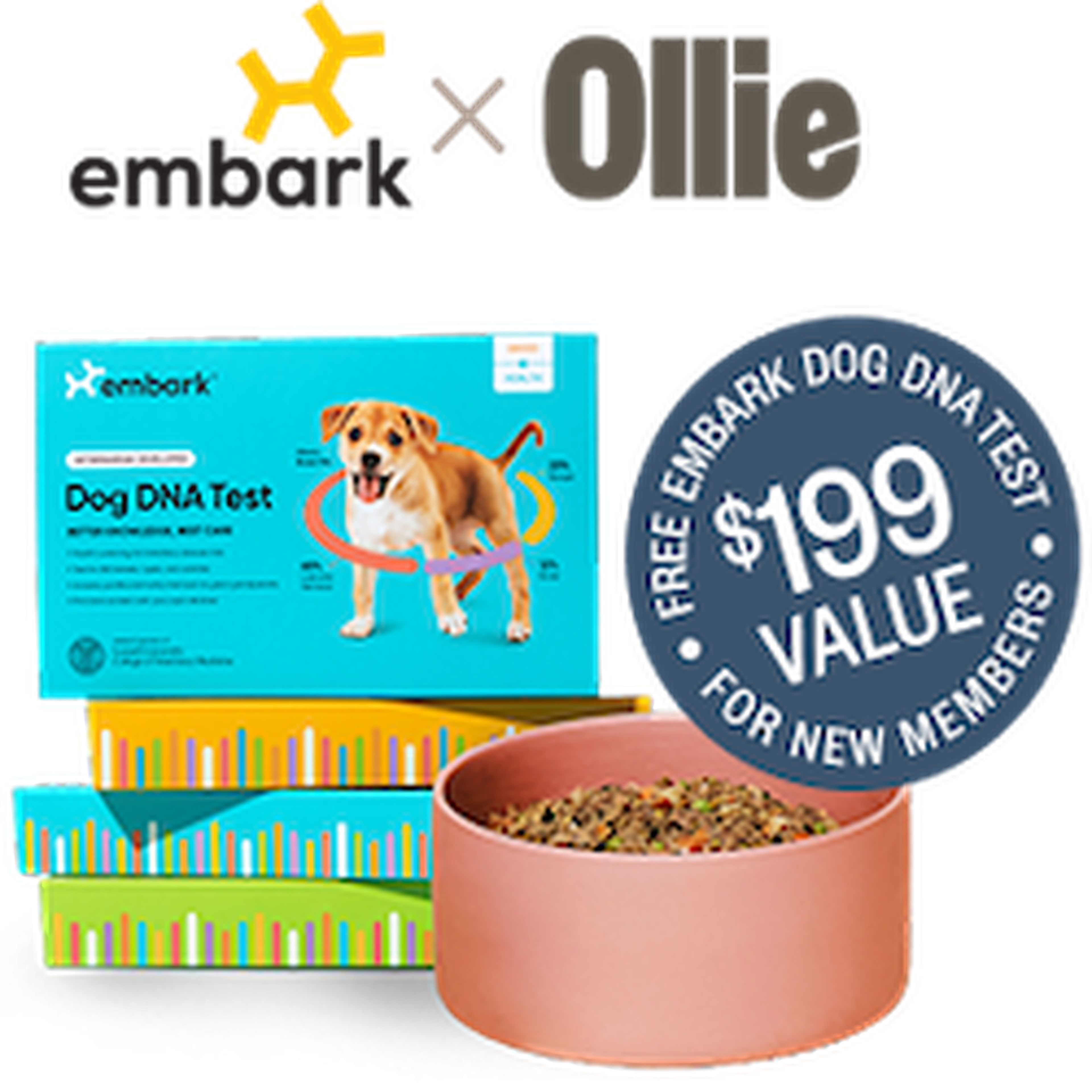 Embark Dog DNA Test kit and a bowl of dog food, with text offering a free test for new members, valued at $199.