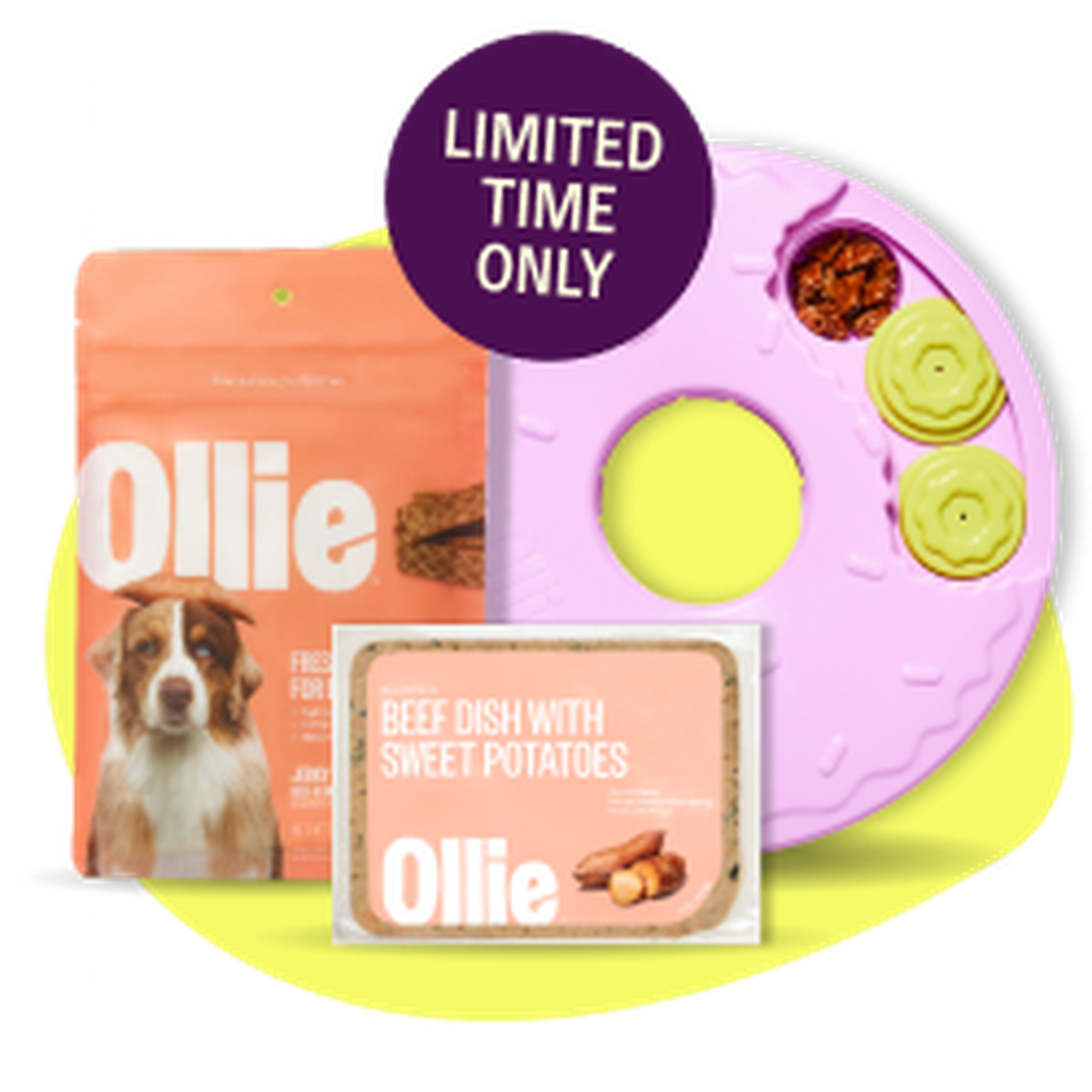 Dog food packaging with "Ollie" branding, beef dish with sweet potatoes, and a toy with compartments on a yellow background. "Limited Time Only" text.
