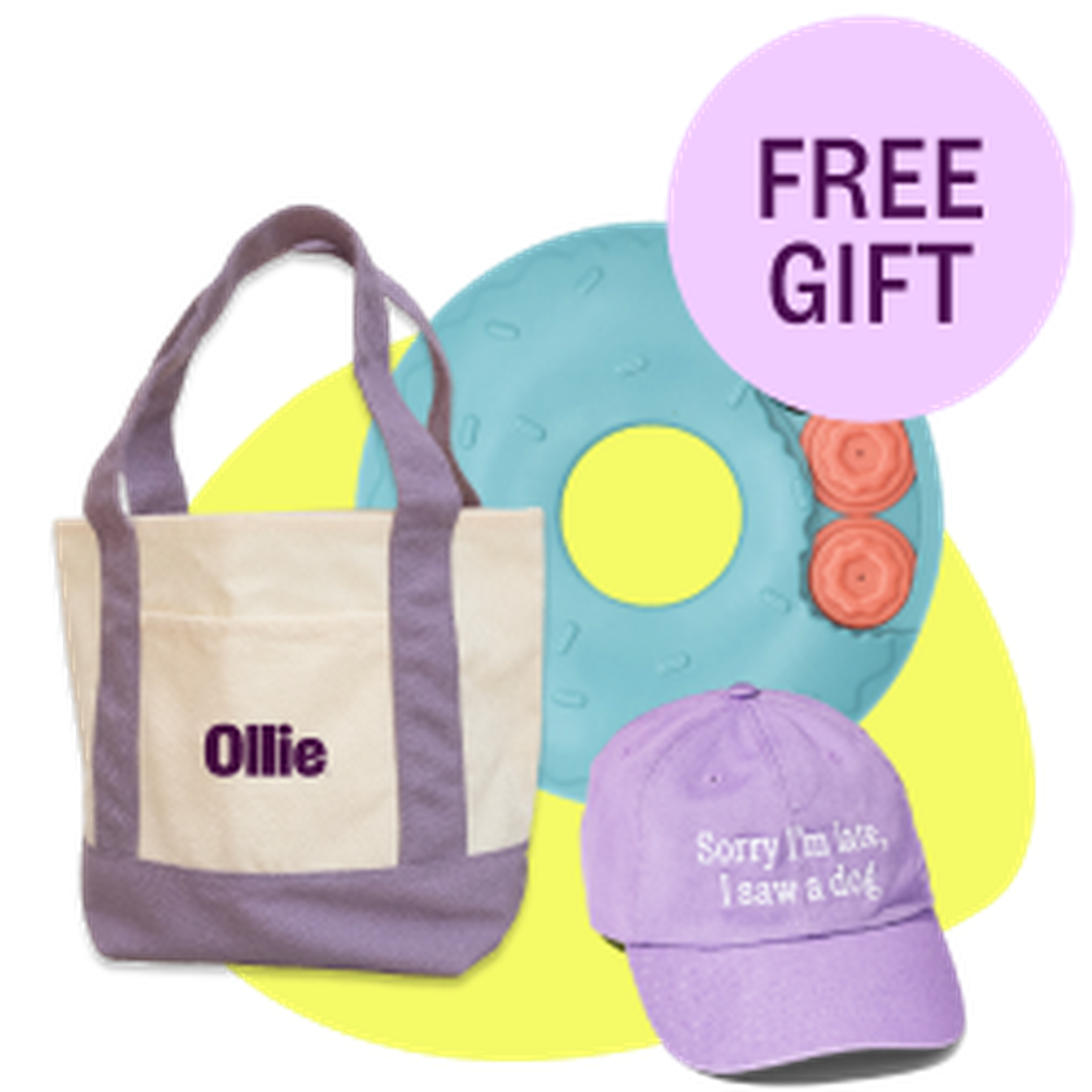 Purple and beige tote bag, purple cap with a humorous phrase, and a blue dog toy with "Free Gift" text overlay.