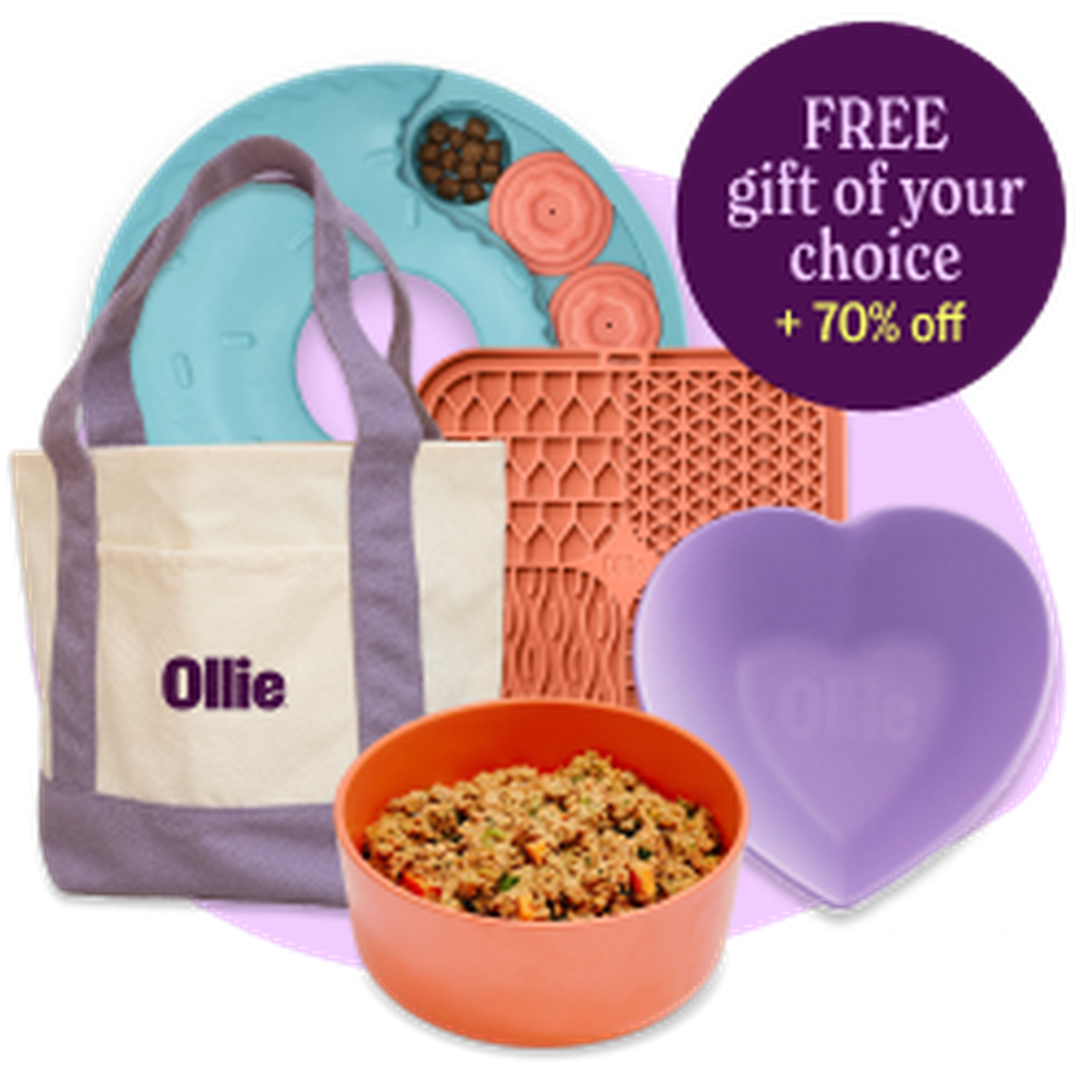 Collection of pet accessories including a tote bag, feeding bowls, and lick mats with a "Free gift" offer, plus 70% off.