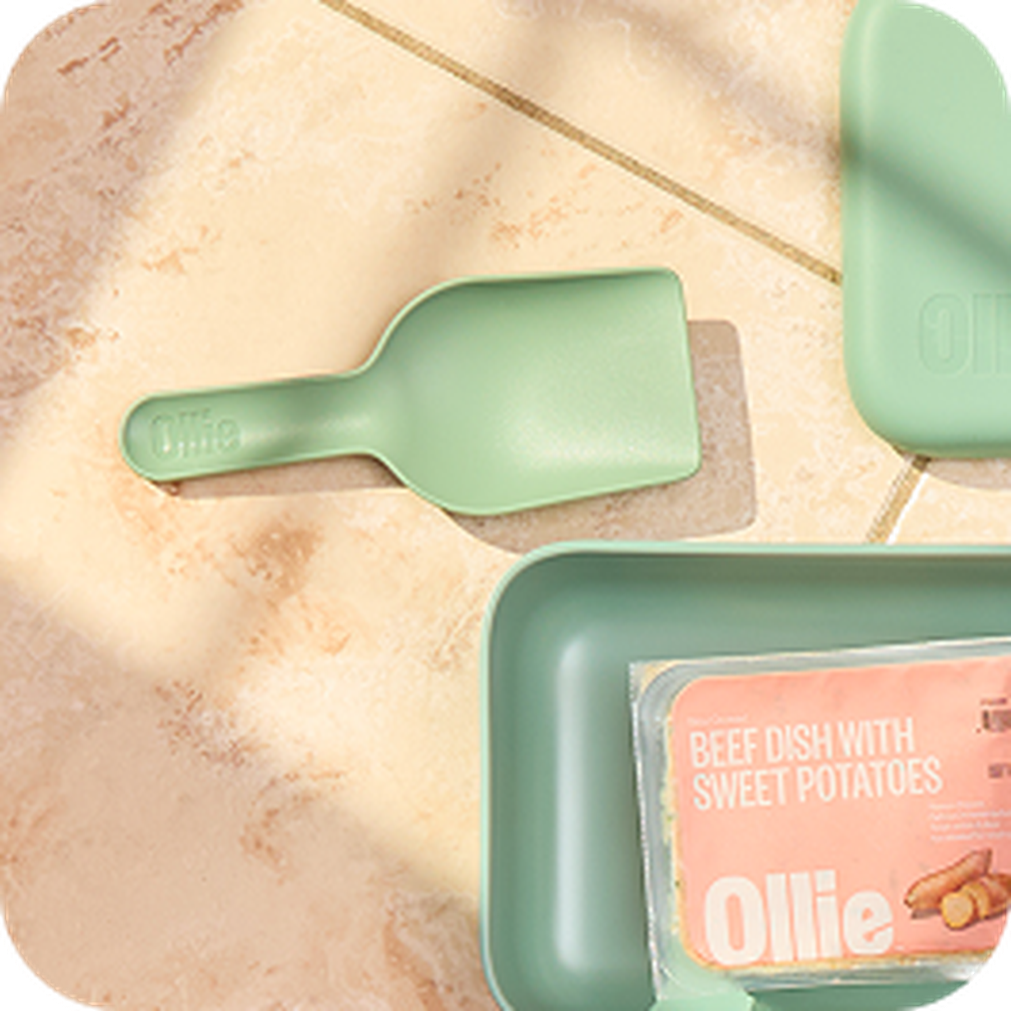 Green dog food scoop and tray on a tiled surface near a package labeled "Beef Dish with Sweet Potatoes, Ollie," in sunlight.