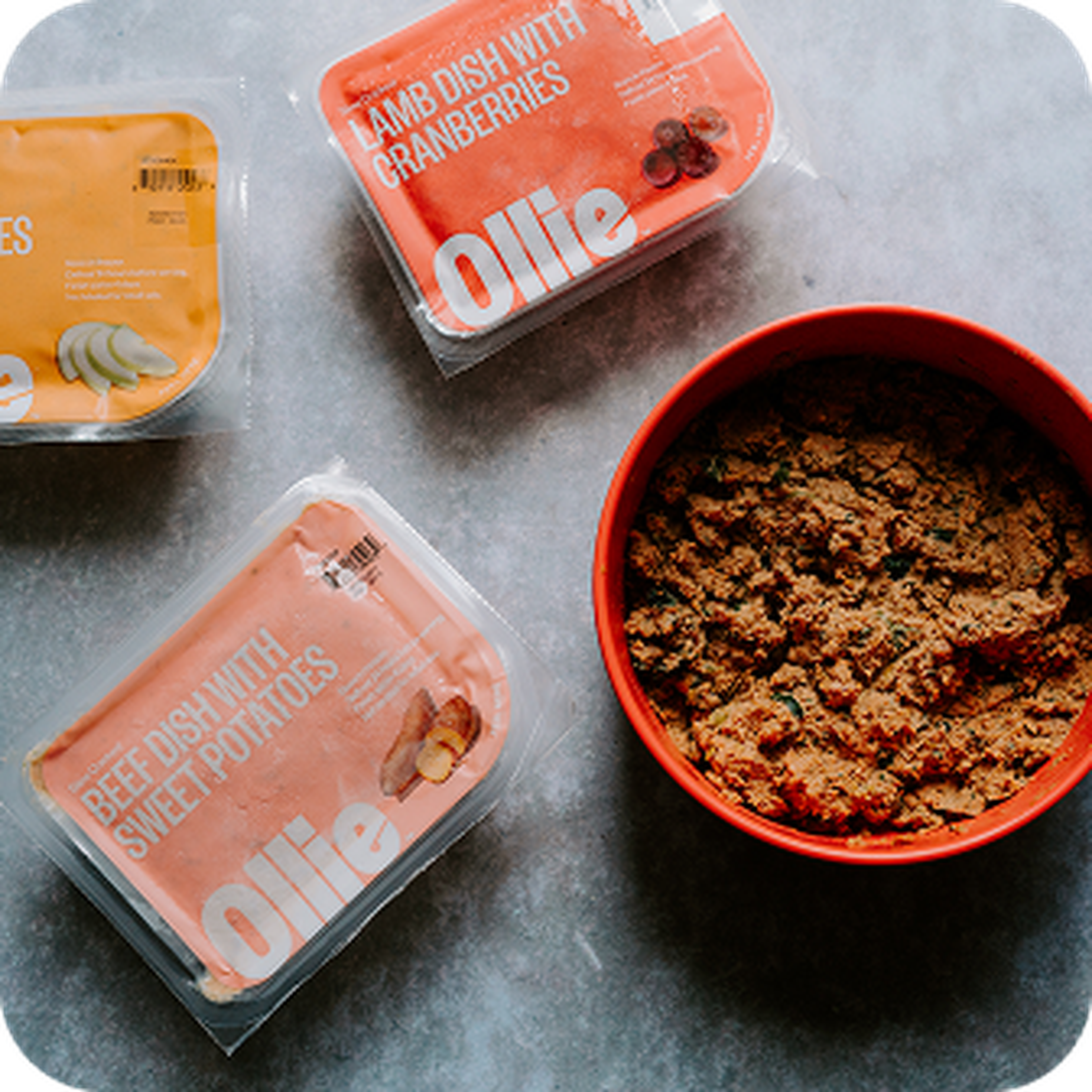 Three packaged pet meals labeled "Beef with Sweet Potatoes" and "Lamb with Cranberries" beside a red bowl of mixed pet food.