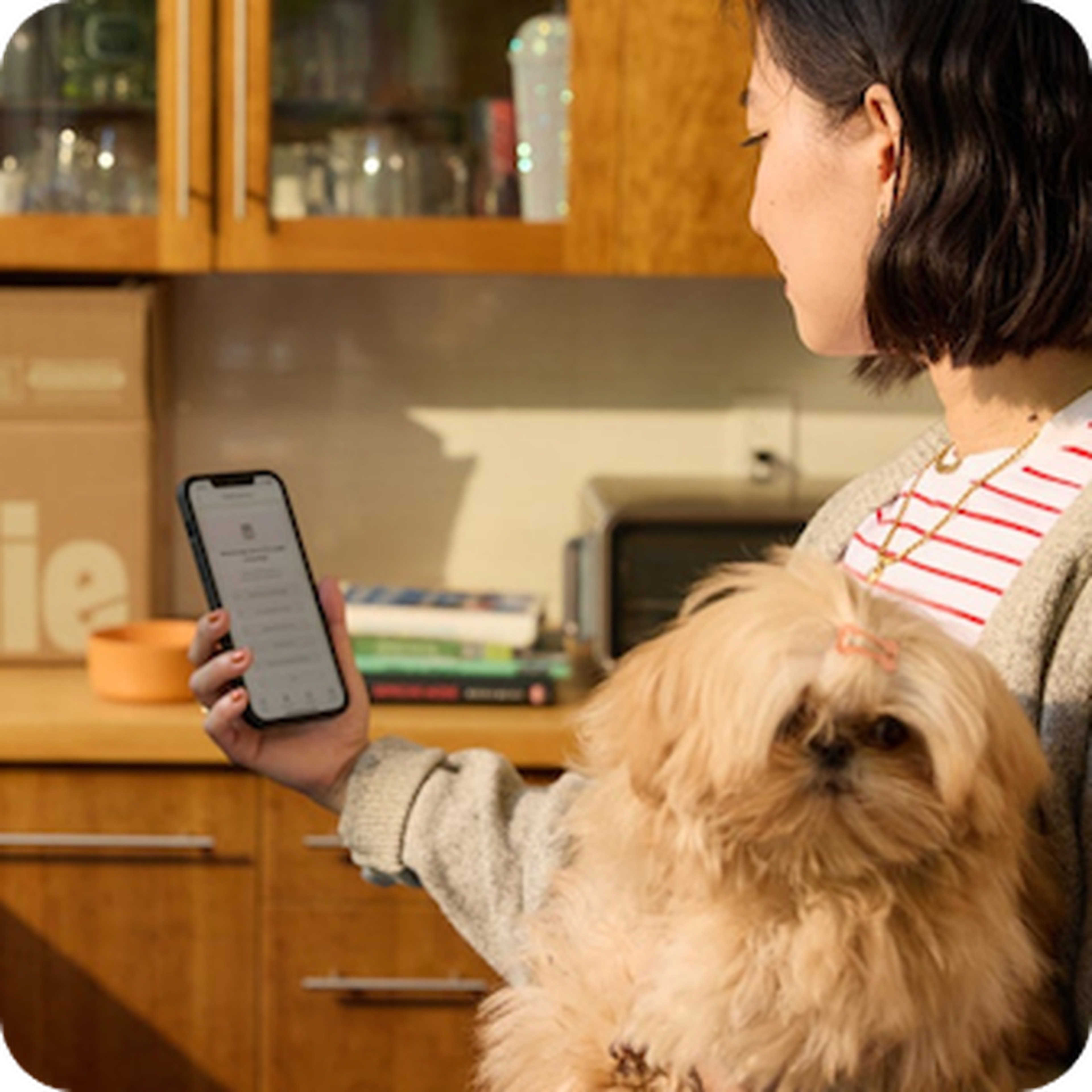 A woman holding a fluffy dog checks her phone in a kitchen with wooden cabinets and a cardboard box on the counter.