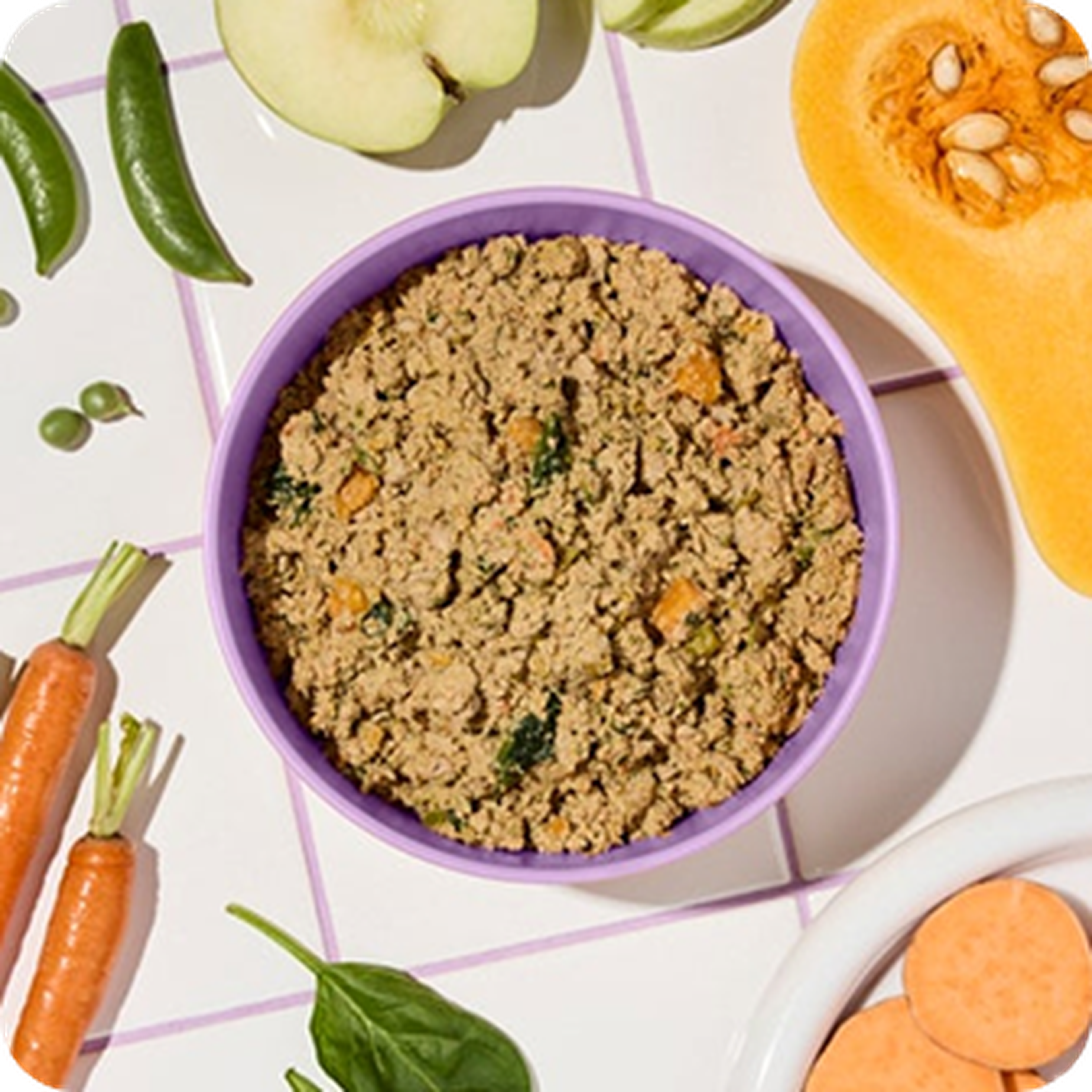 A bowl of ground meat dish with vegetables surrounded by chopped carrots, sugar snap peas, apple slices, and cut butternut squash on a tiled surface.