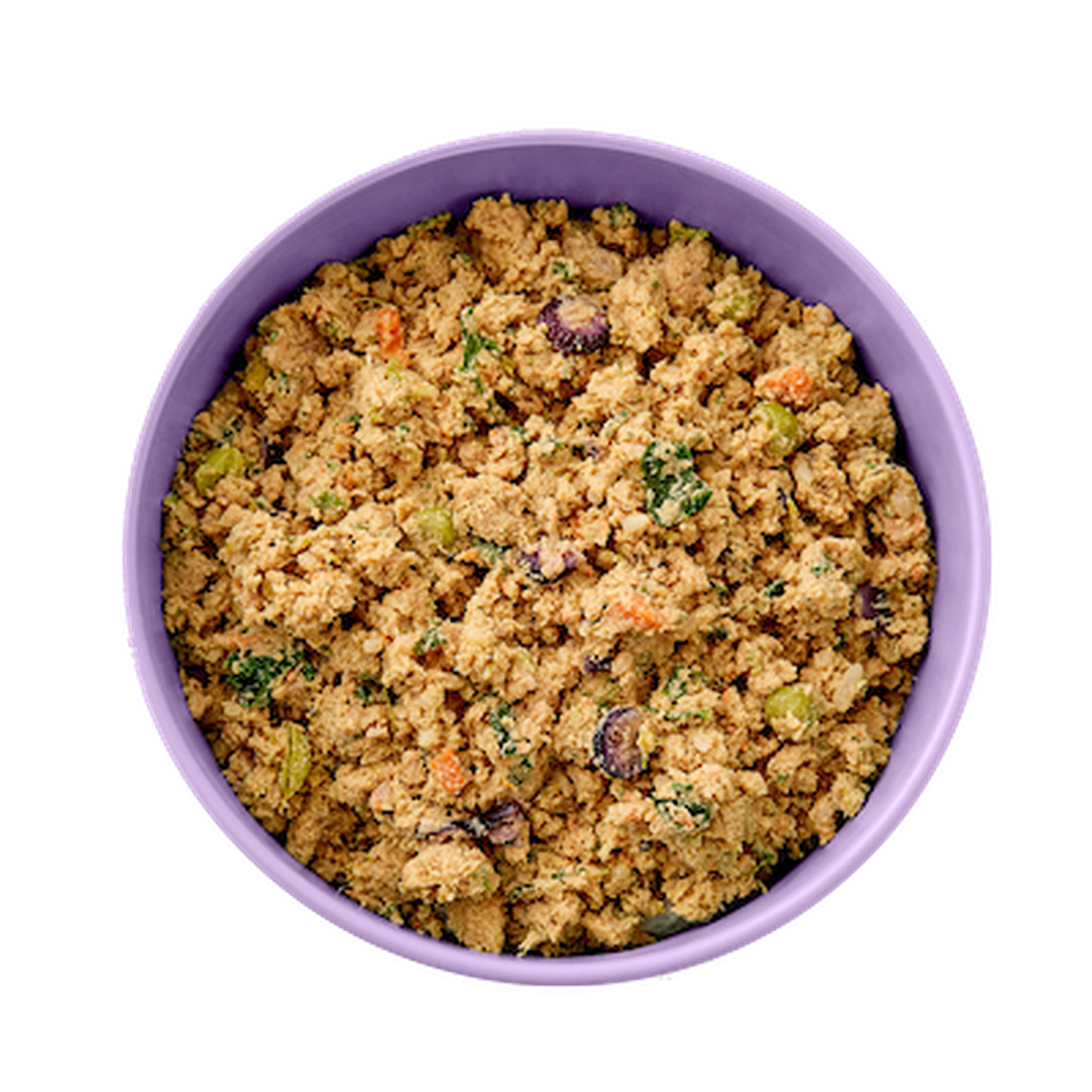 Bowl of dog food with mixed vegetables and herbs in a purple dish, viewed from above.