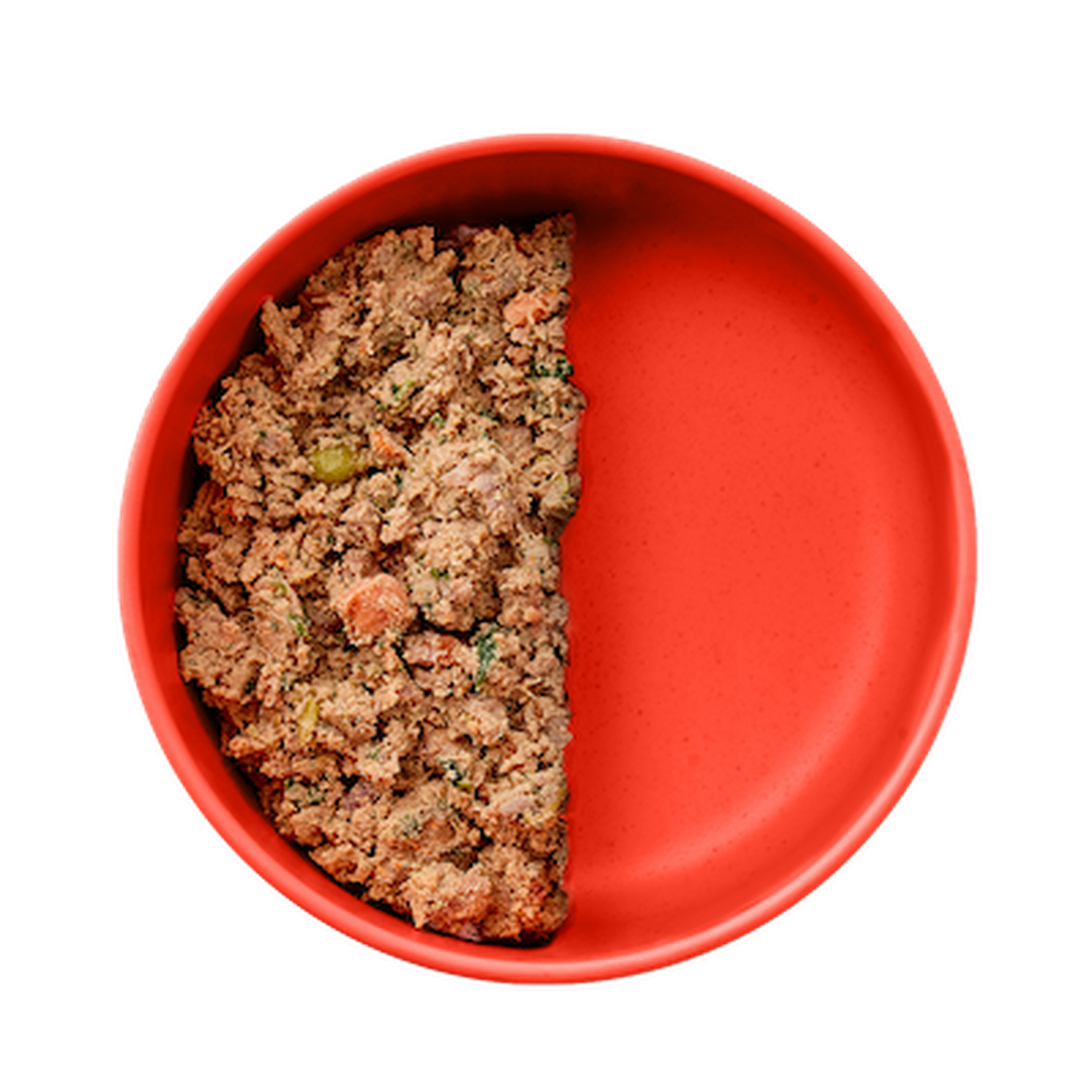 Half-filled red bowl of dog food with minced meat mixed with vegetables, including peas and carrots, displayed on a white background.