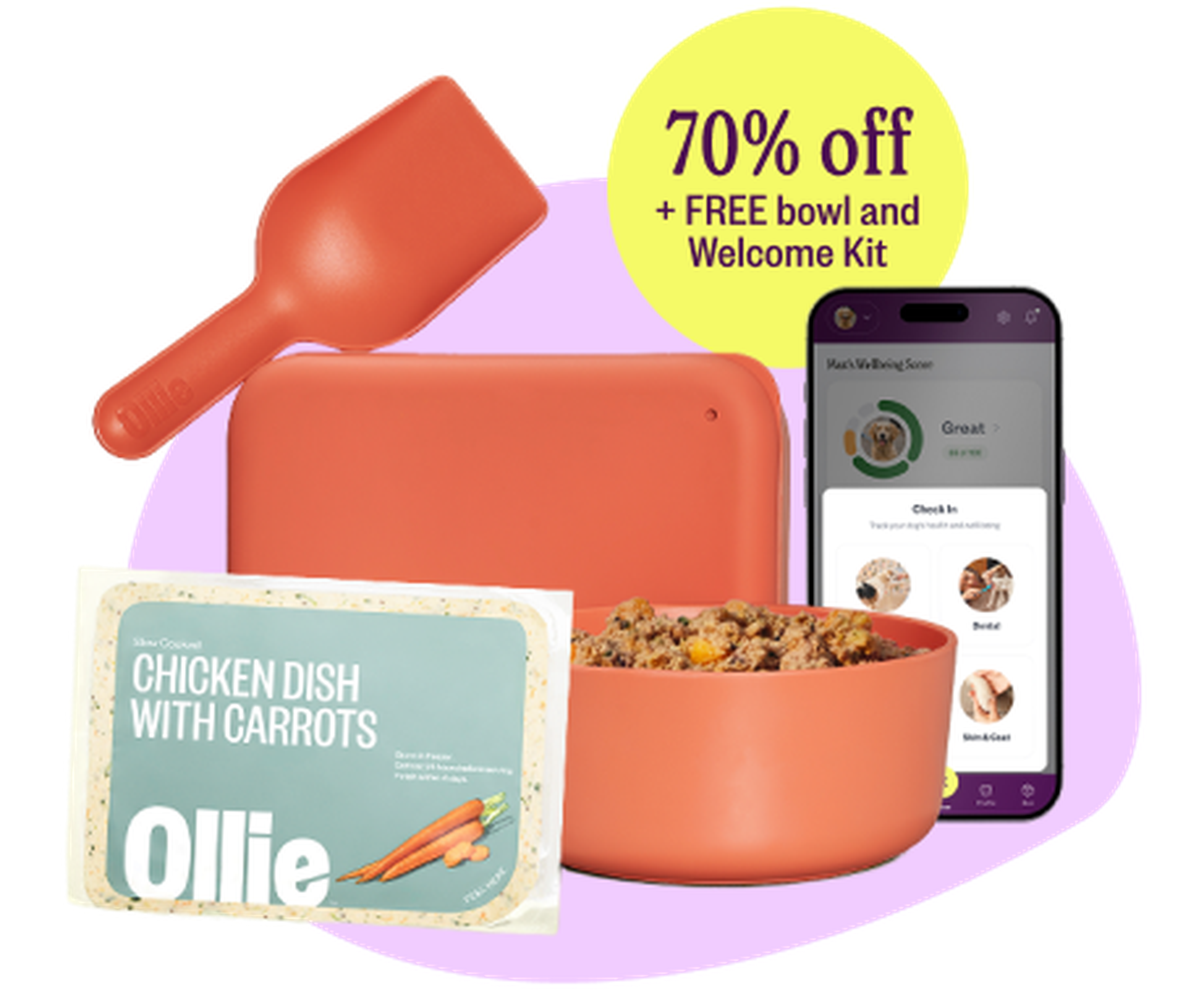 Ollie pet food set with chicken dish packet, orange bowl, scoop, and smartphone app, offering 70% off plus free bowl and welcome kit.