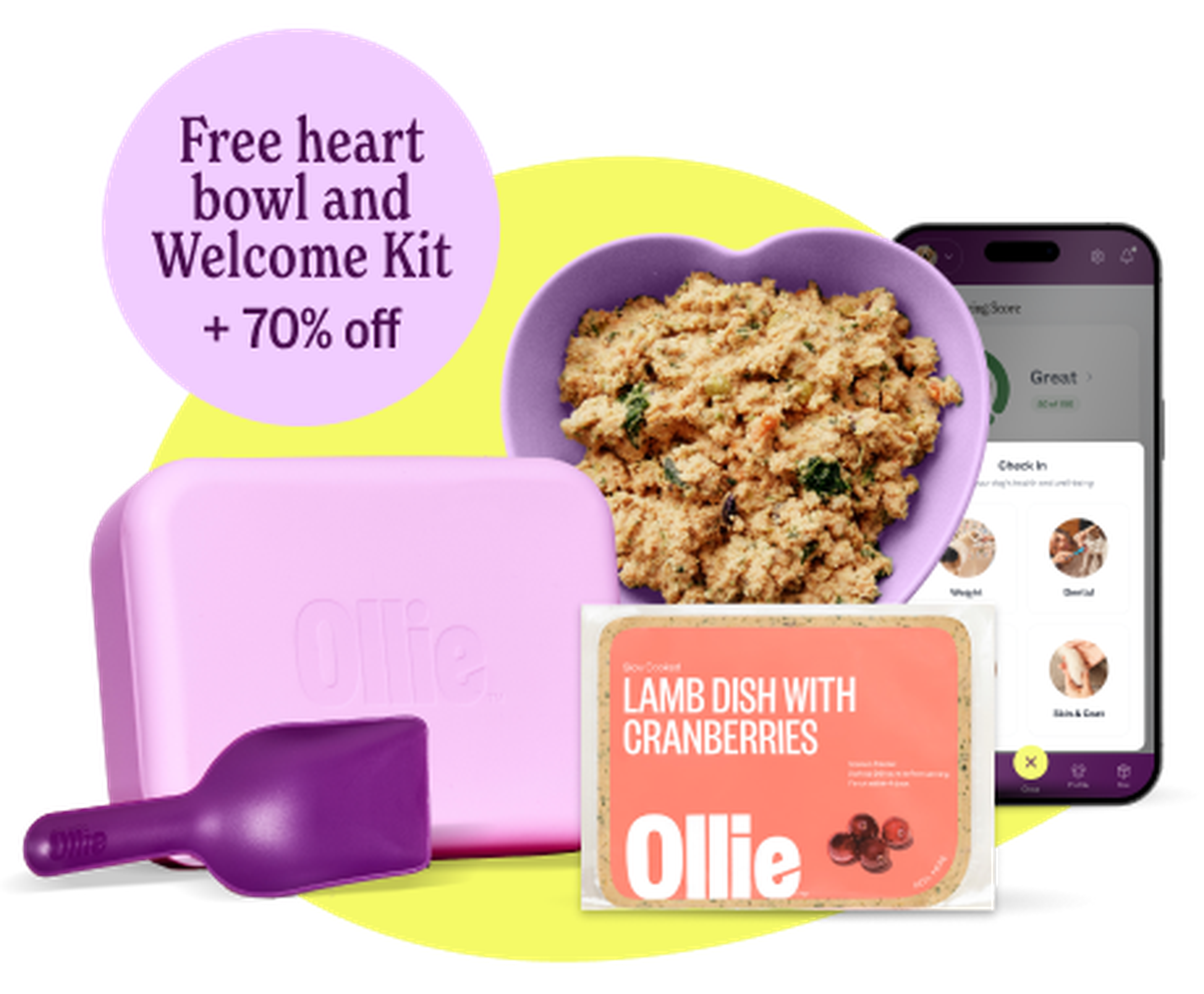 Pet food set with purple heart-shaped bowl of food, pink Ollie box, food packet, purple scoop, and smartphone app. Offer: Free kit + 70% off.