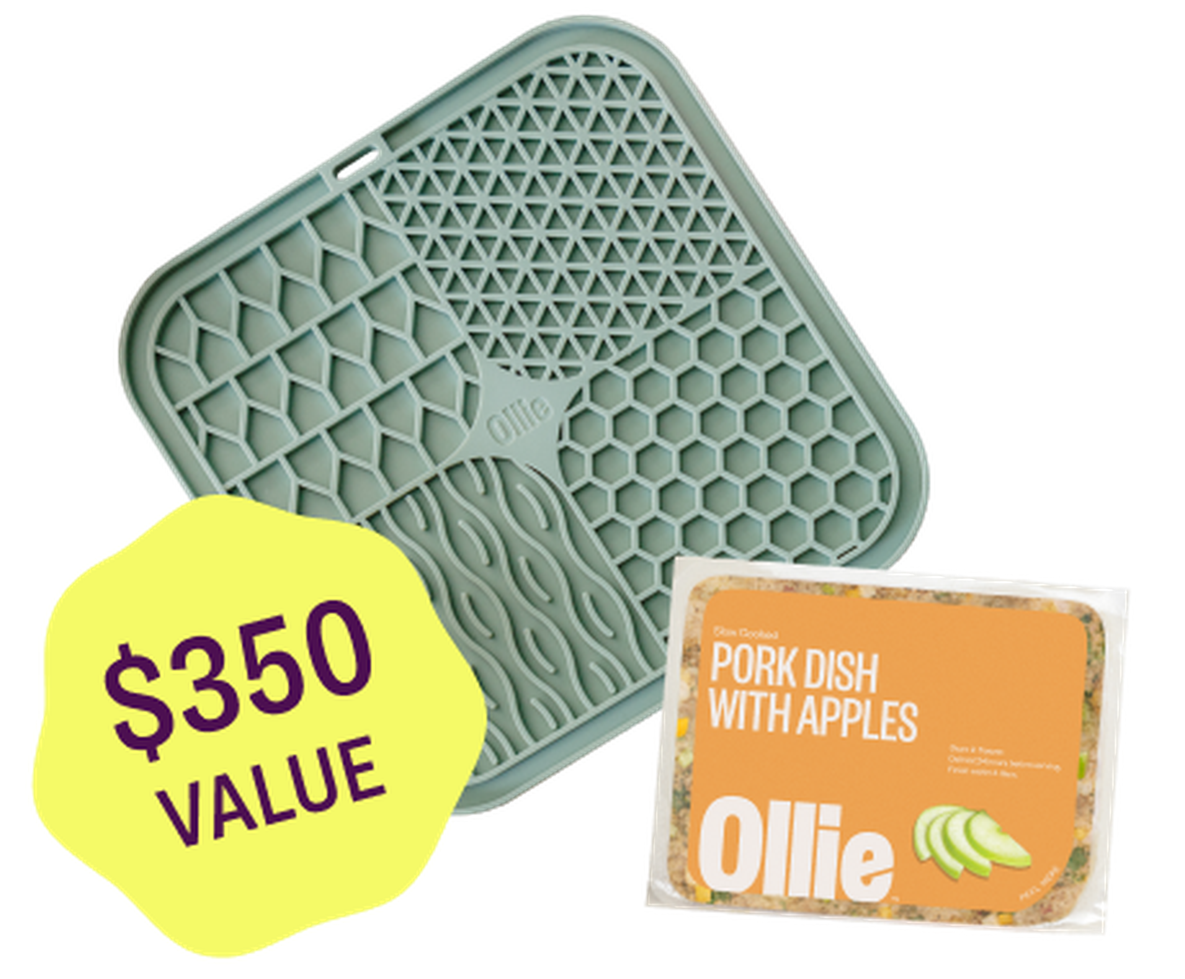 Green feeding mat with textured sections and a package of Ollie pork dish with apples. "$350 Value" label displayed in yellow.