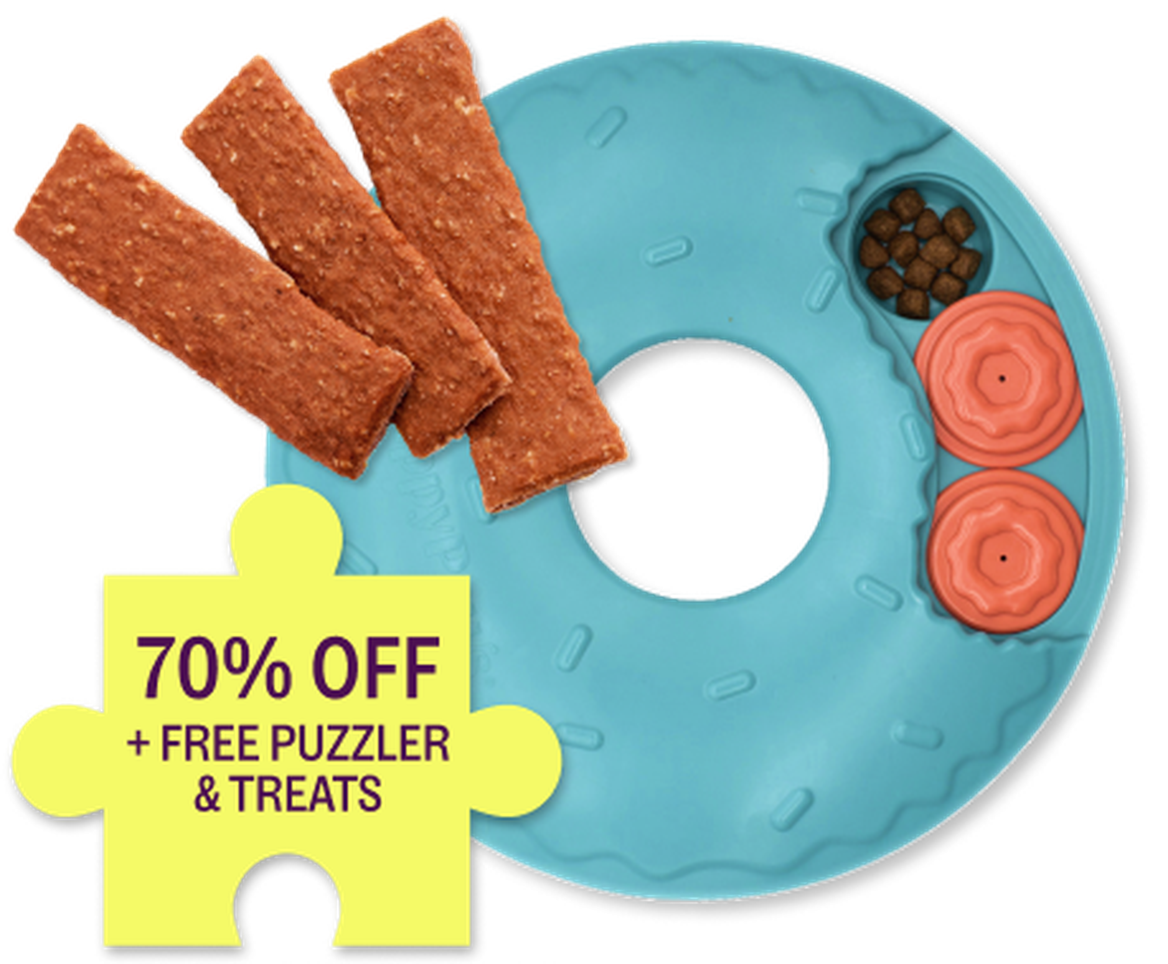 Blue dog toy with treats, including biscuits and kibble. Yellow puzzle piece offers "70% OFF + FREE PUZZLER & TREATS."