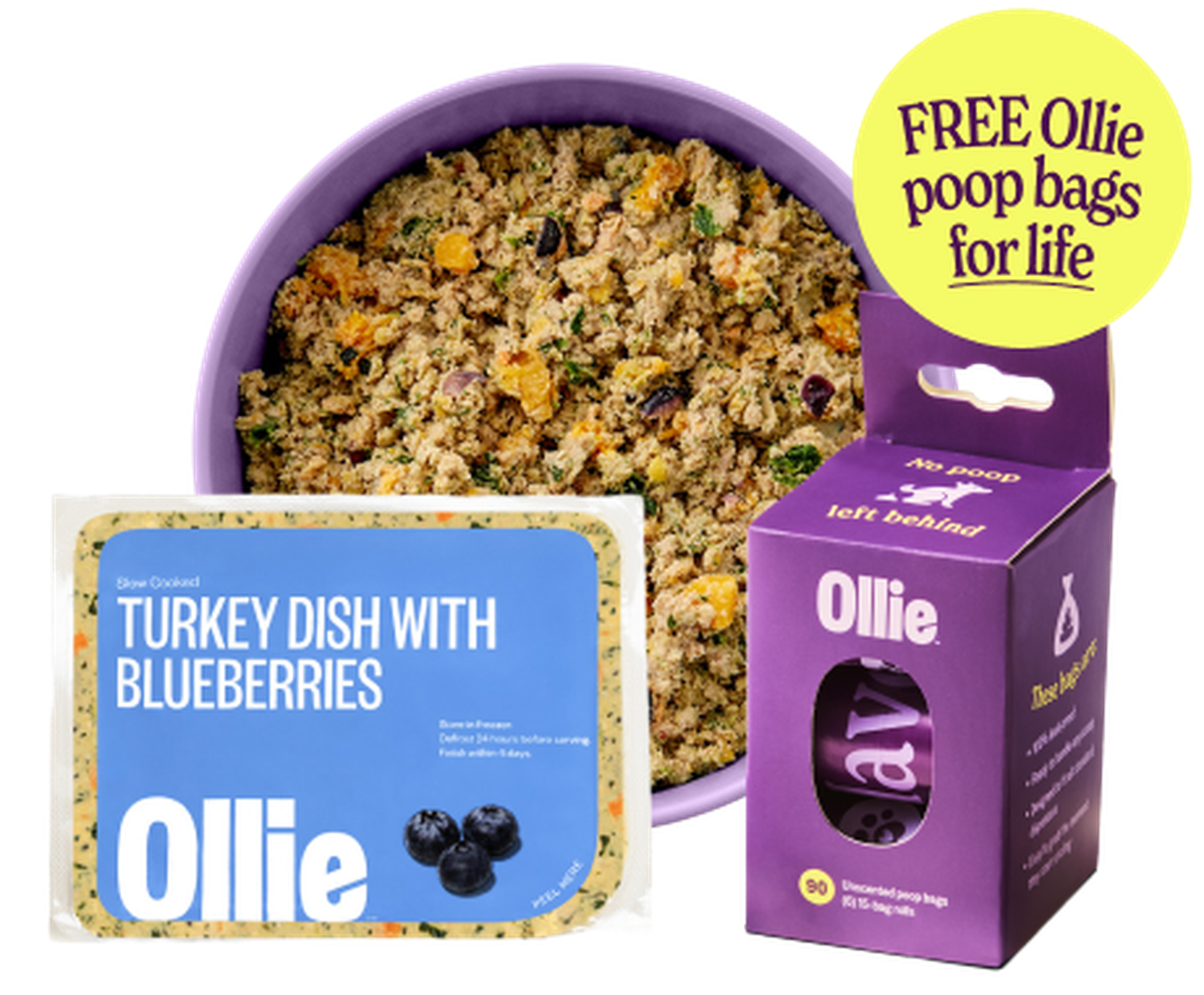 A bowl of dog food with a "Turkey Dish with Blueberries" package and a box of "Ollie" poop bags. Offer for free poop bags included.
