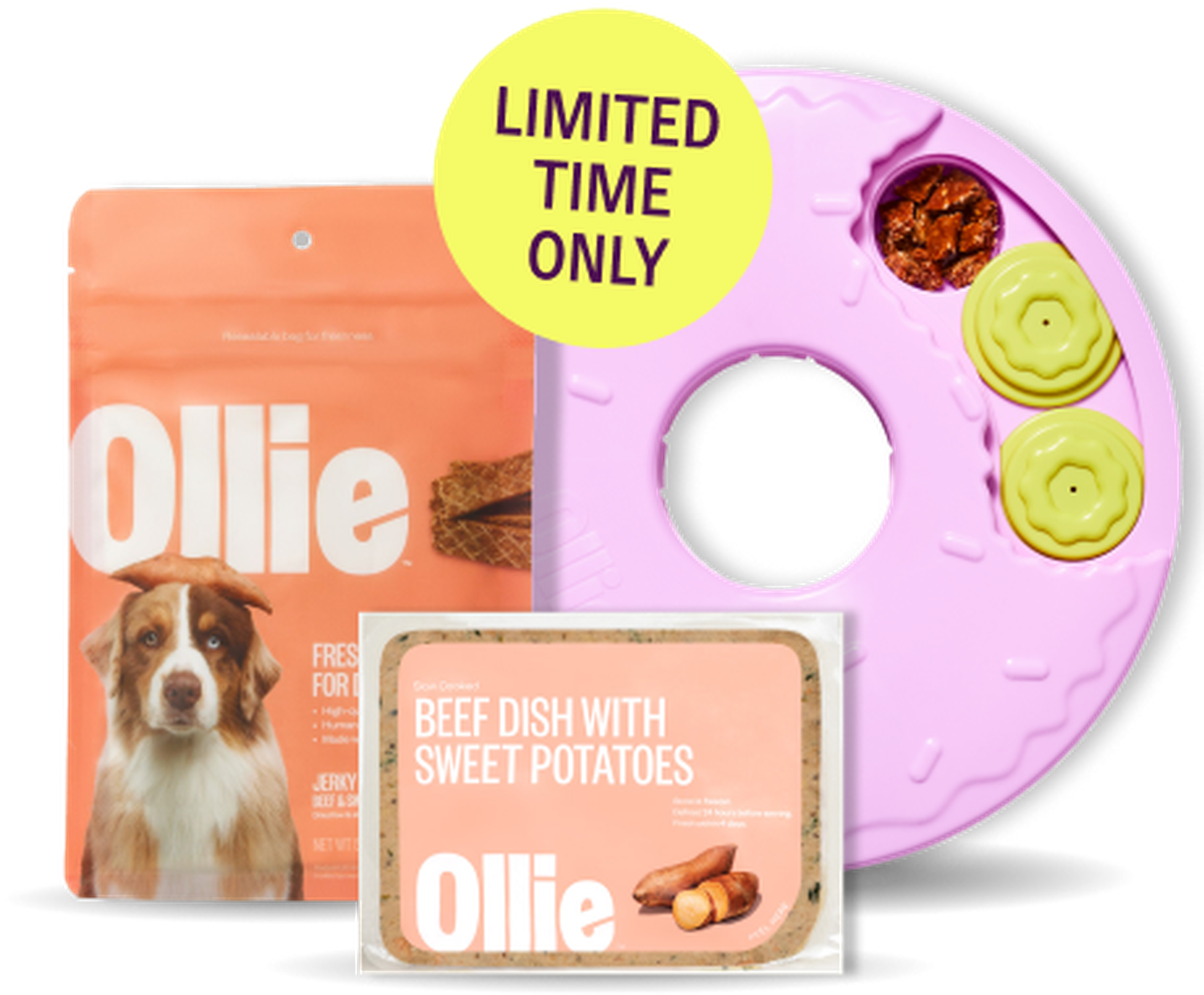 Dog food package with an image of a dog, a circular pink toy with treats, and a packet labeled "Beef Dish with Sweet Potatoes." Yellow "Limited Time Only" label.