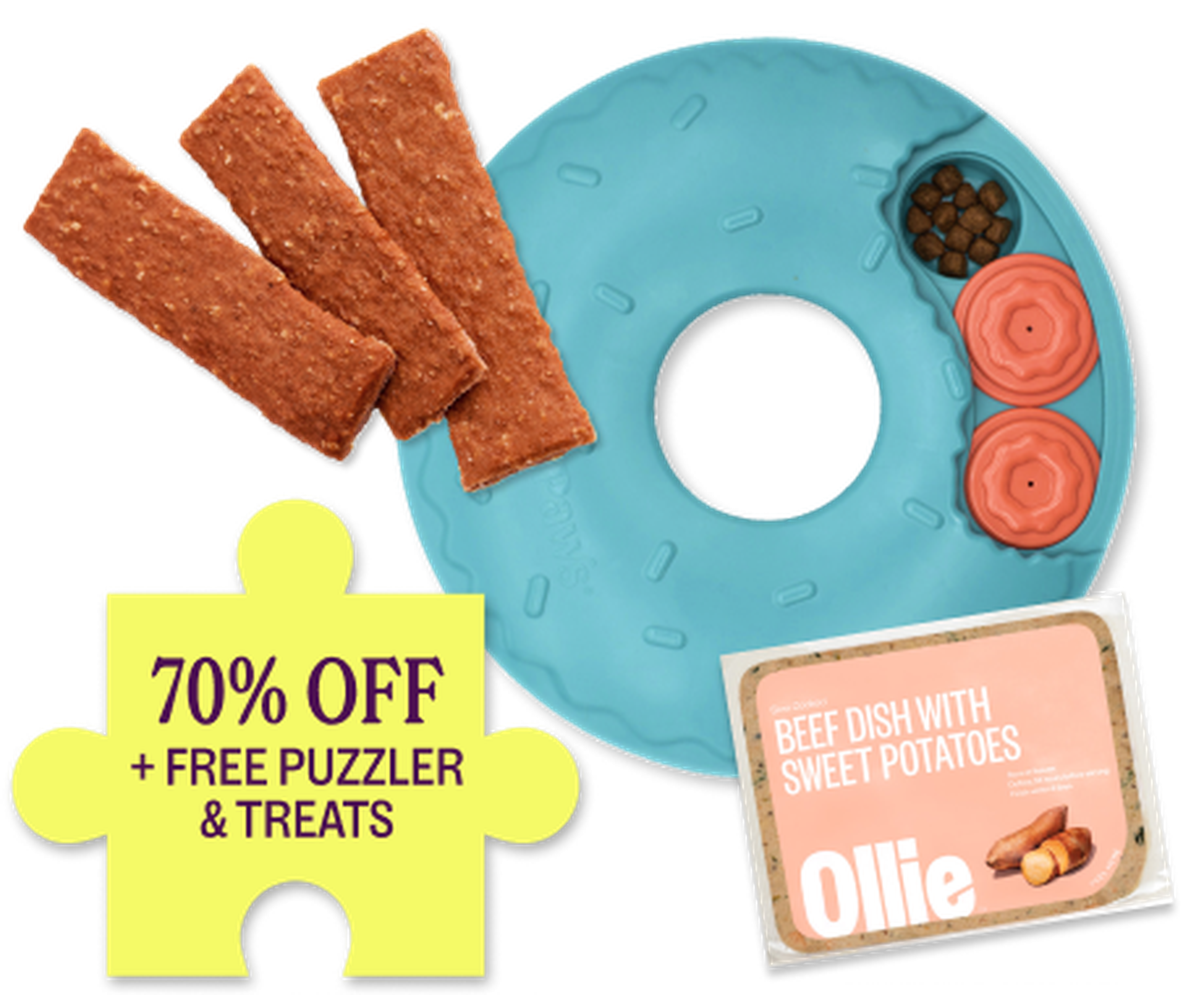 Blue puzzle toy with dog treats, beef dish package, and a "70% OFF + FREE PUZZLER & TREATS" sign.