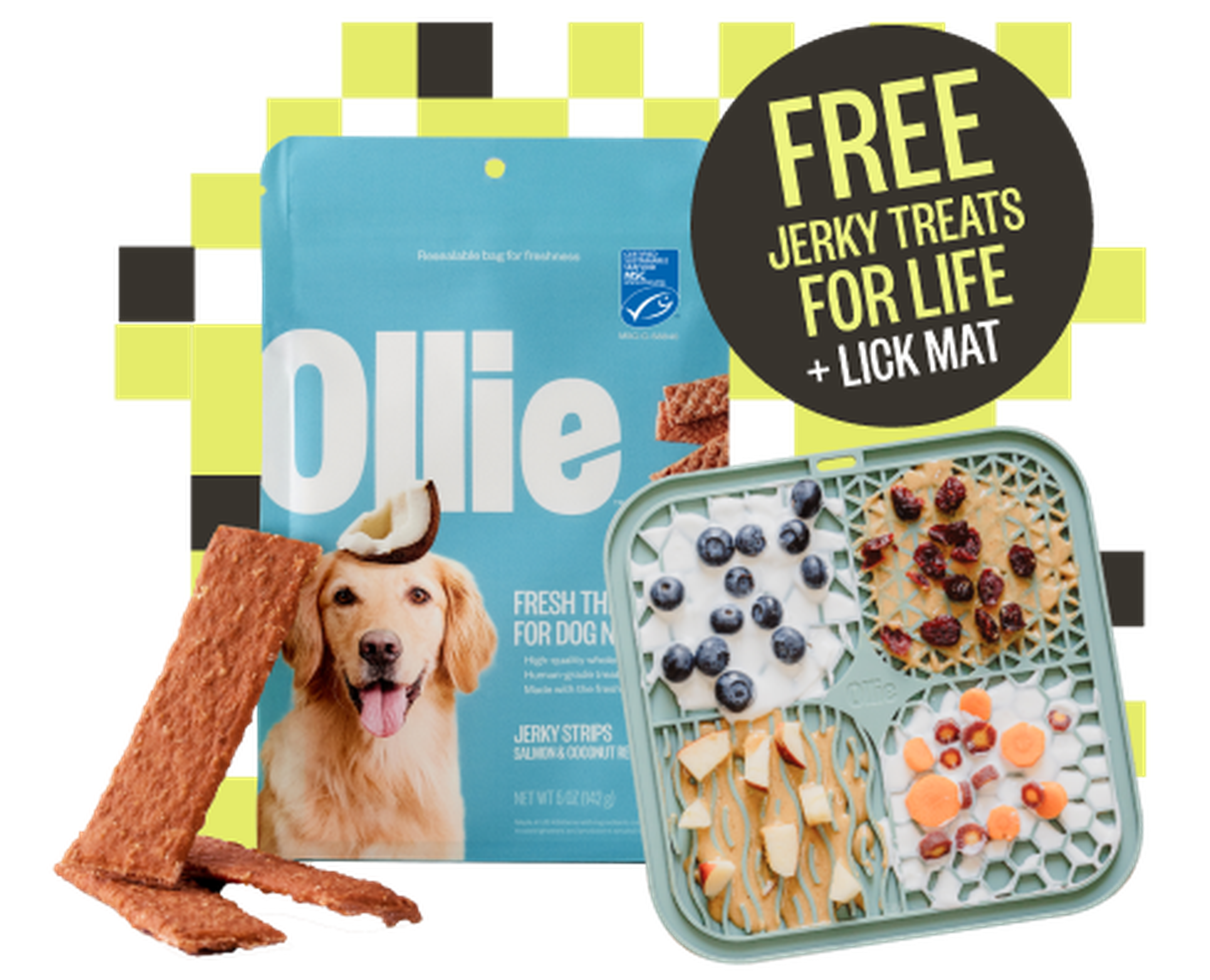 Image showing our promotion of free jerky for life and a free lick mat.