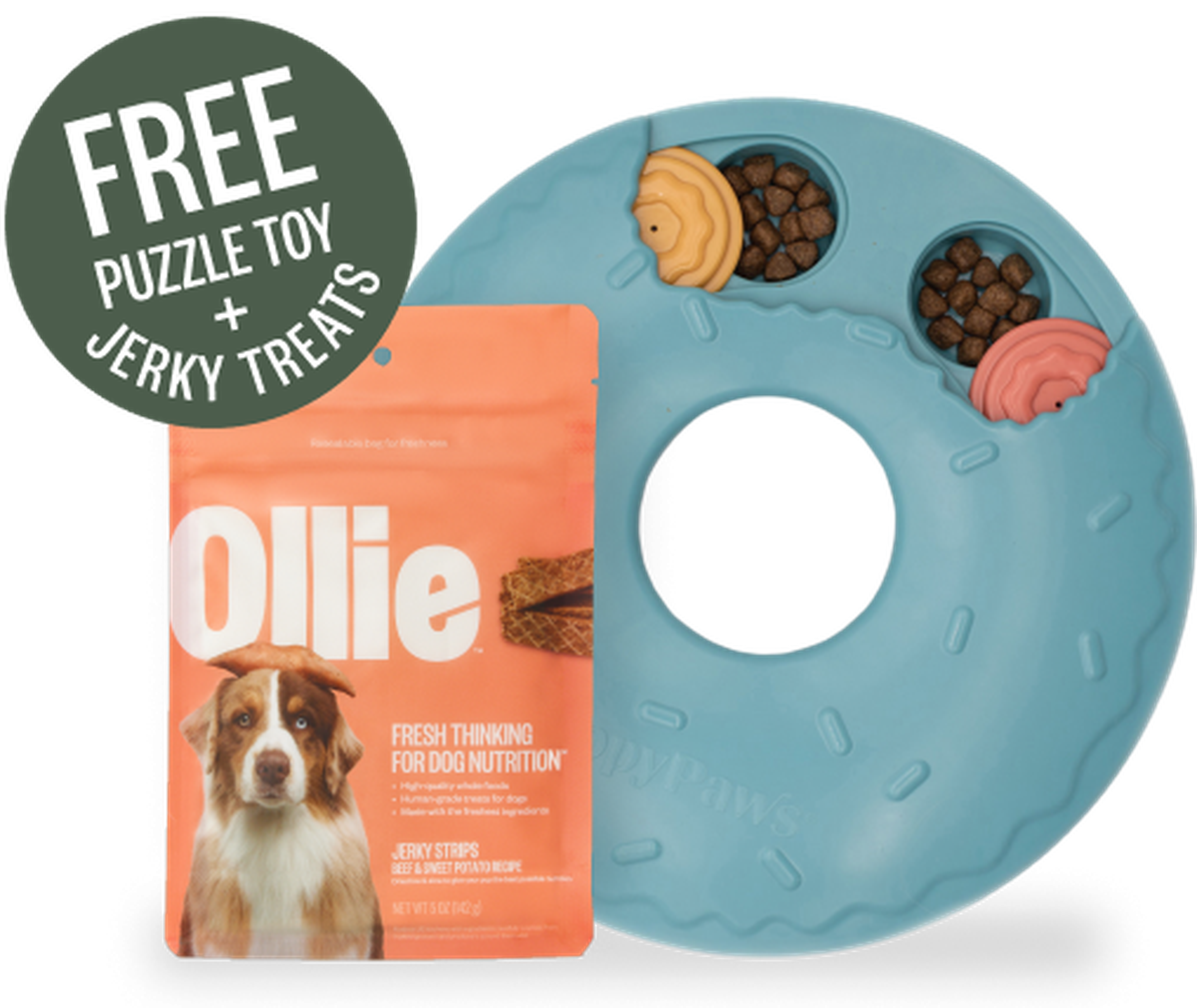 image showing a zippypaws brand puzzle bowl along with our Ollie beef jerky