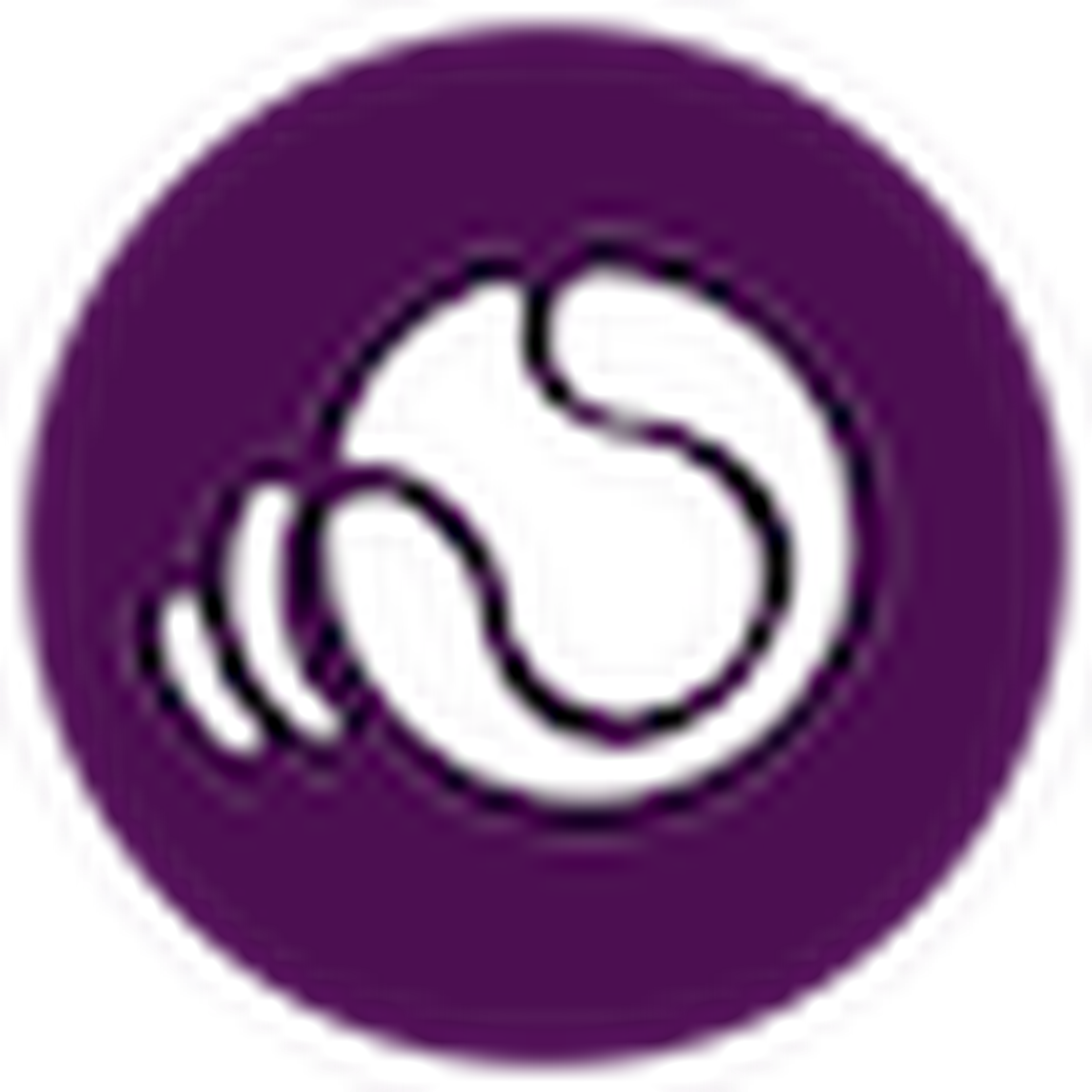 A purple circular logo with a stylized white tennis ball design and three curved lines indicating motion, set against a dark background.
