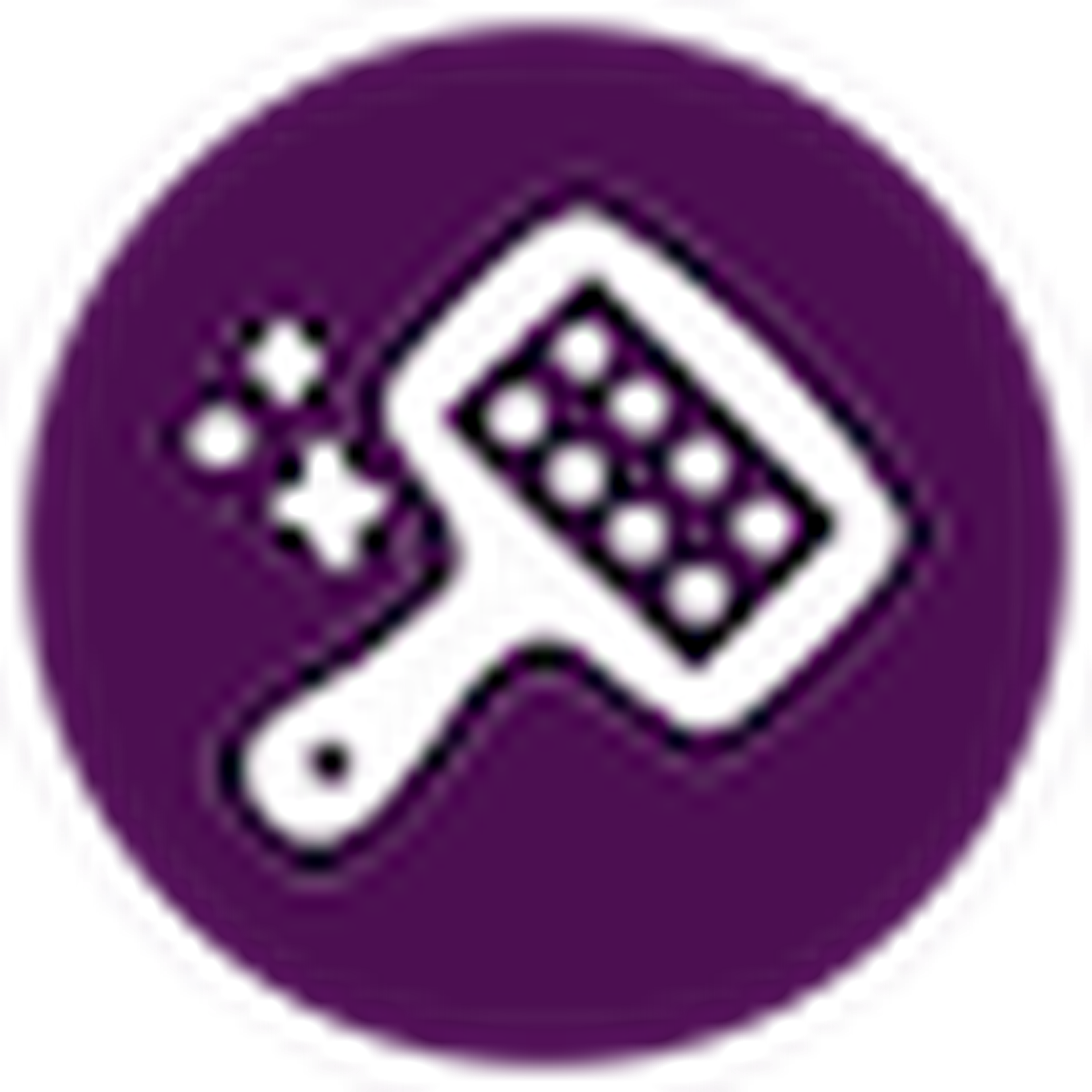 Circular purple icon with a white illustration of a hairbrush and sparkles, suggesting cleanliness or style.