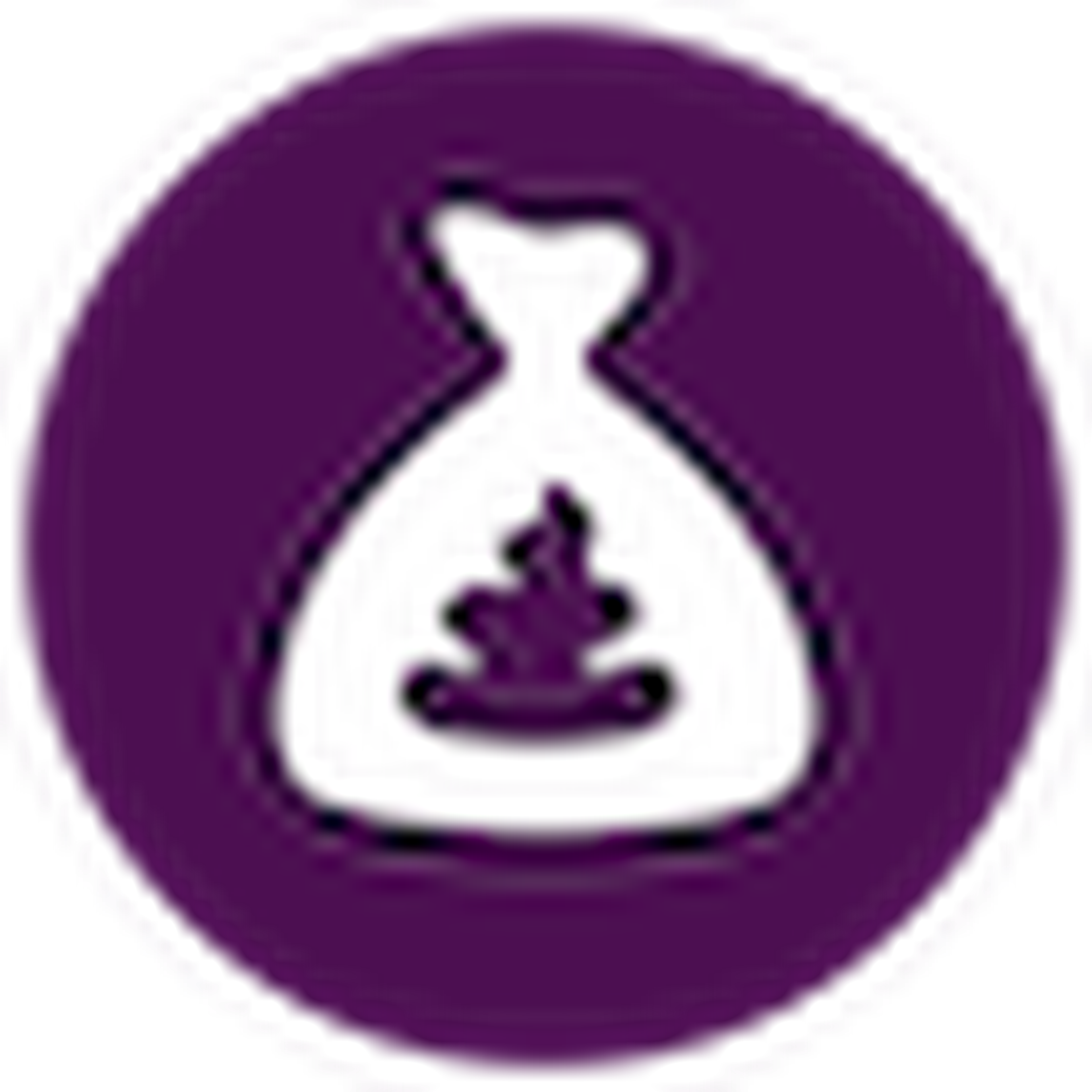 Icon of a white money bag on a dark purple circle. The bag has a currency symbol inside, representing wealth or finance.