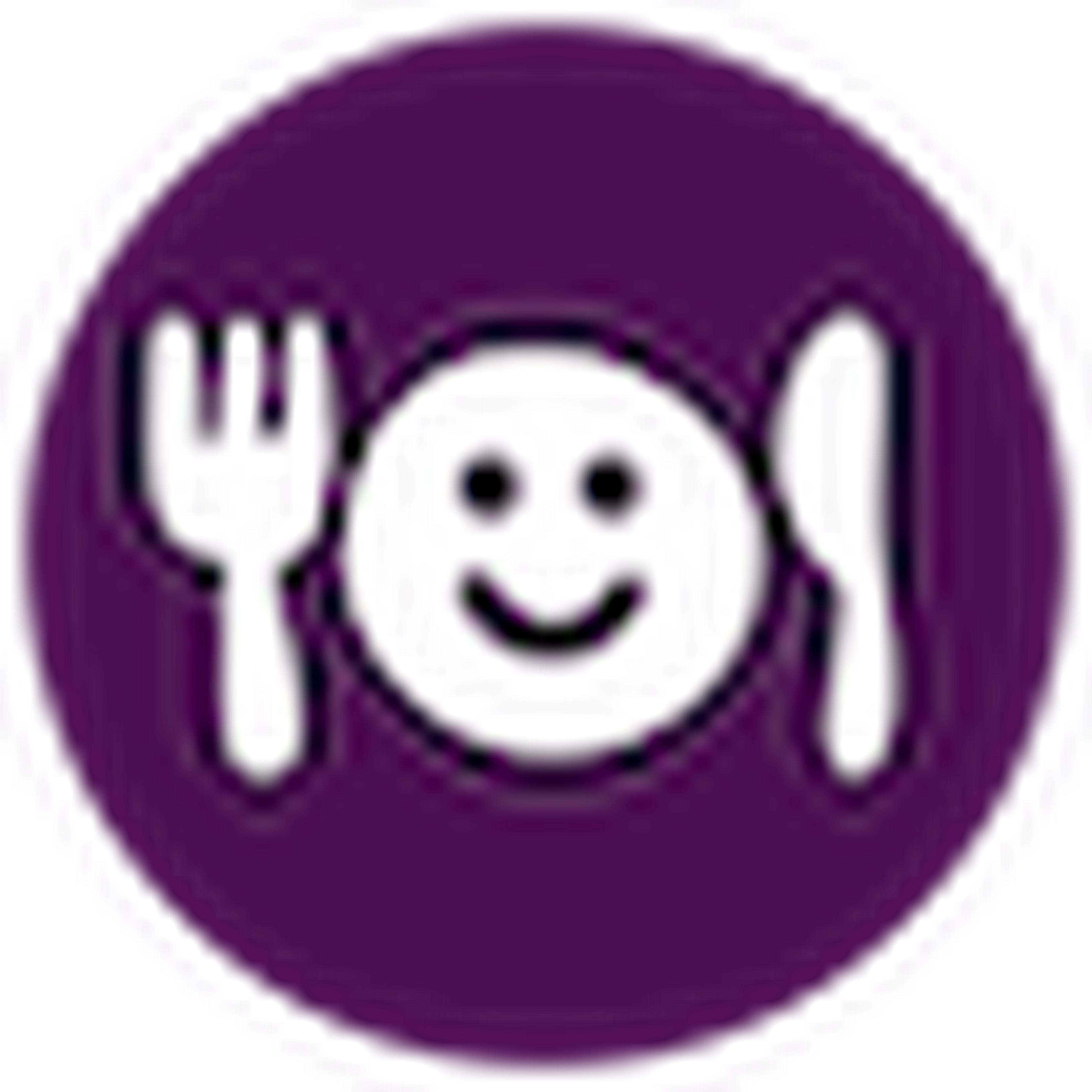 A purple circle with a smiley face created from a plate, fork on the left, and knife on the right, symbolizing enjoyment of food.