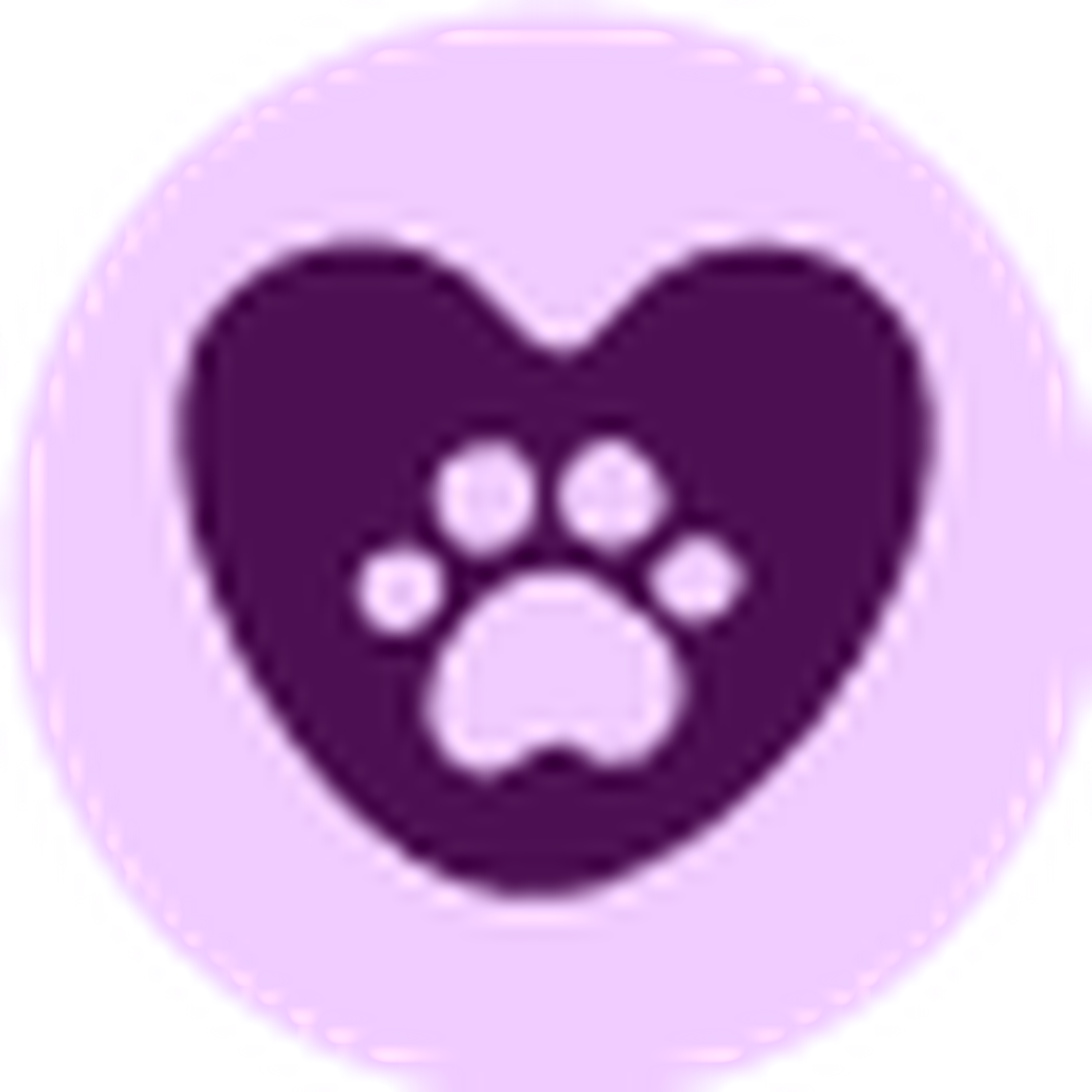 A purple heart with a white paw print in the center, on a light purple background.