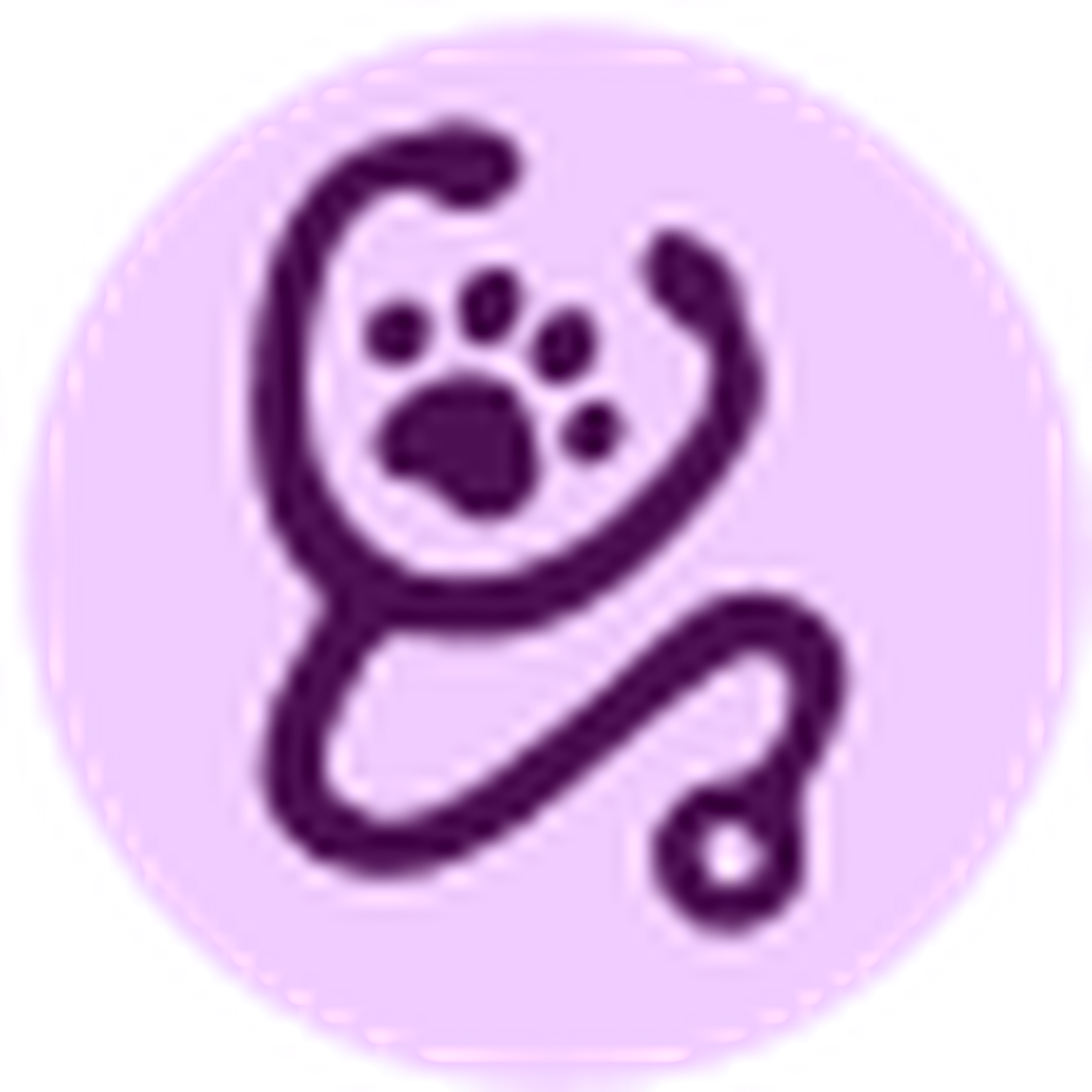 A purple icon featuring a stethoscope forming a paw print, set against a lavender circle background.