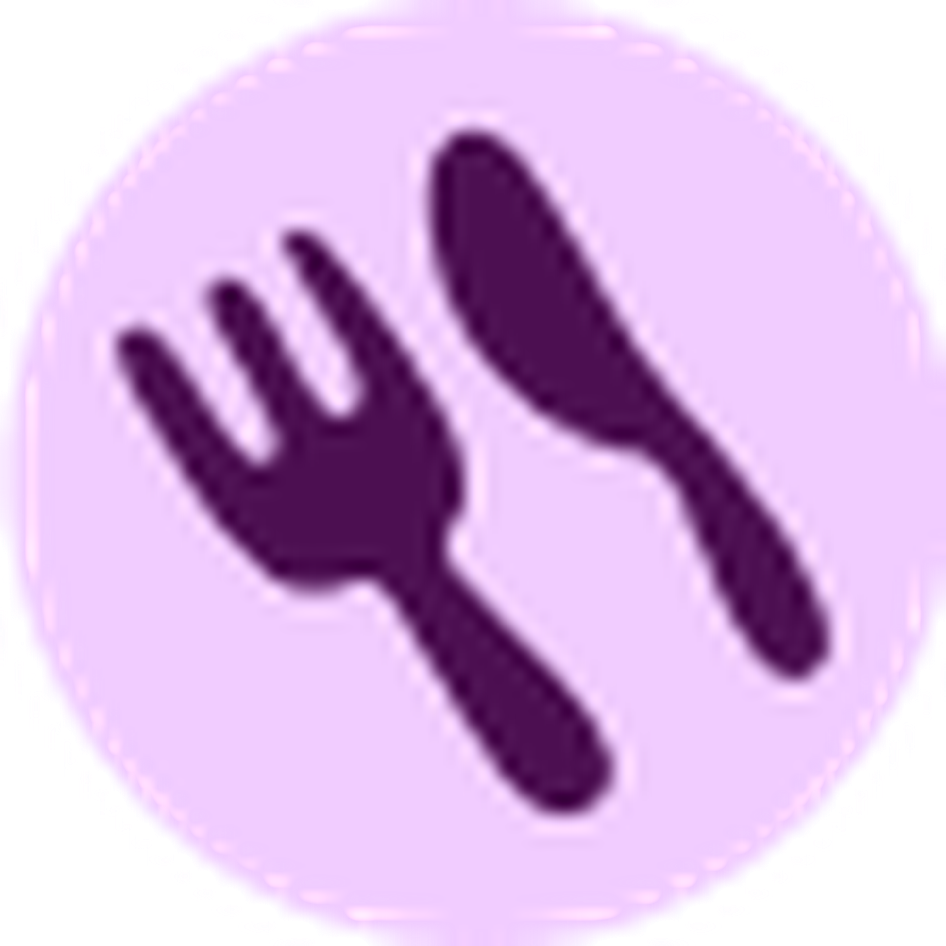 A purple icon of a fork and knife crossed on a lavender circular background.