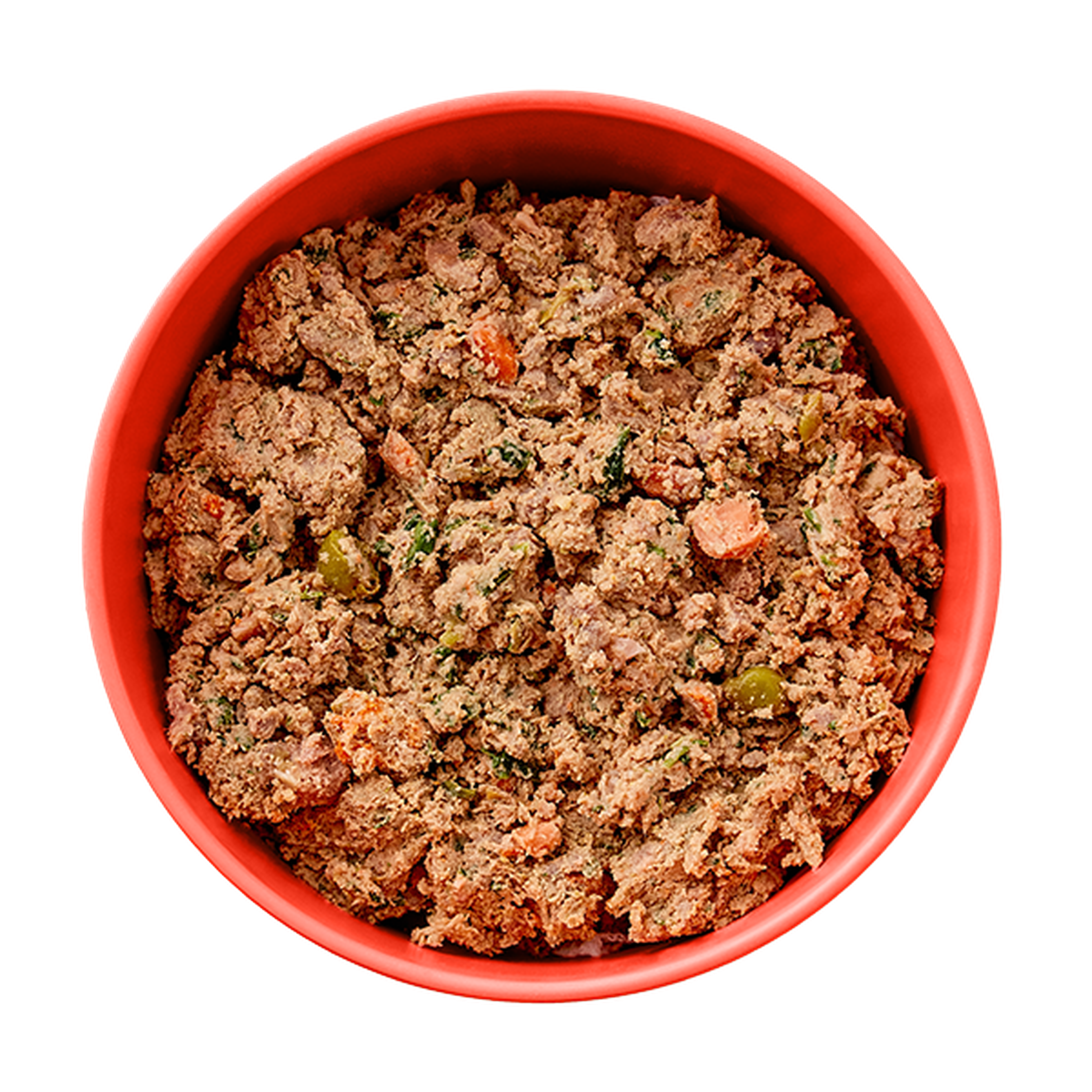 Aerial view of a bowl of fresh Ollie beef food