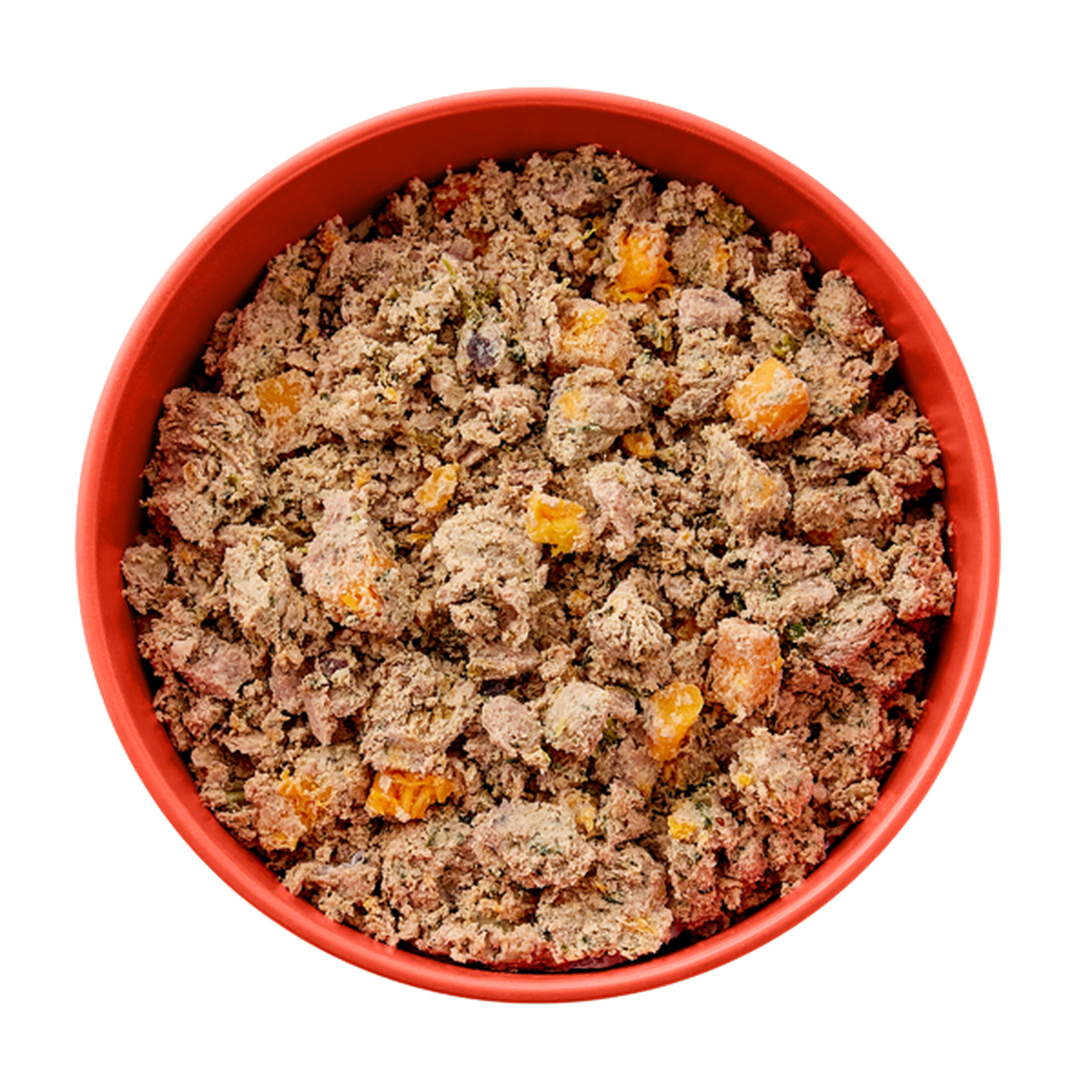 Aerial view of a bowl of fresh Ollie lamb food