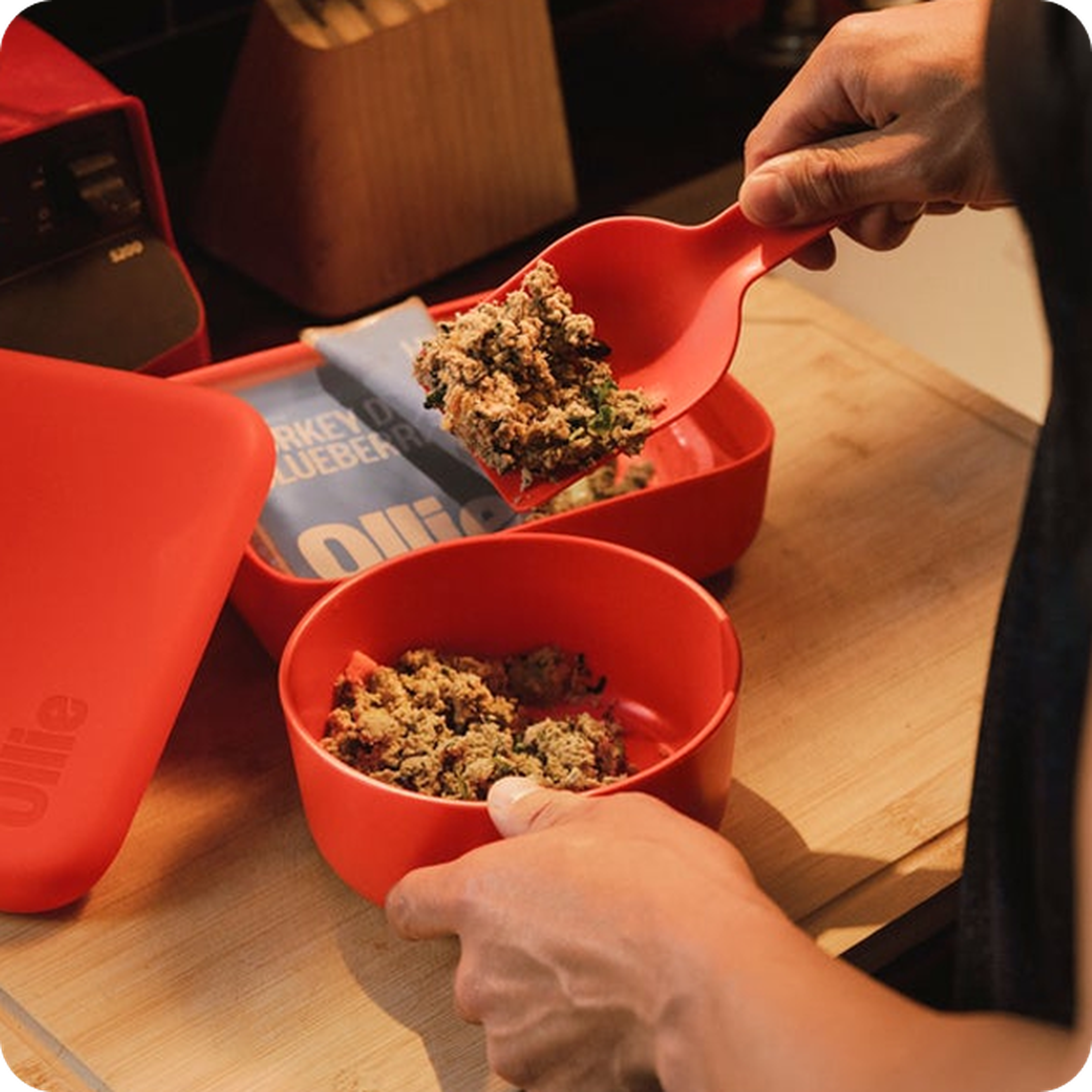 Person scooping pet food into a red bowl using a red spatula, with a package labeled "Ollie" on a wooden countertop.