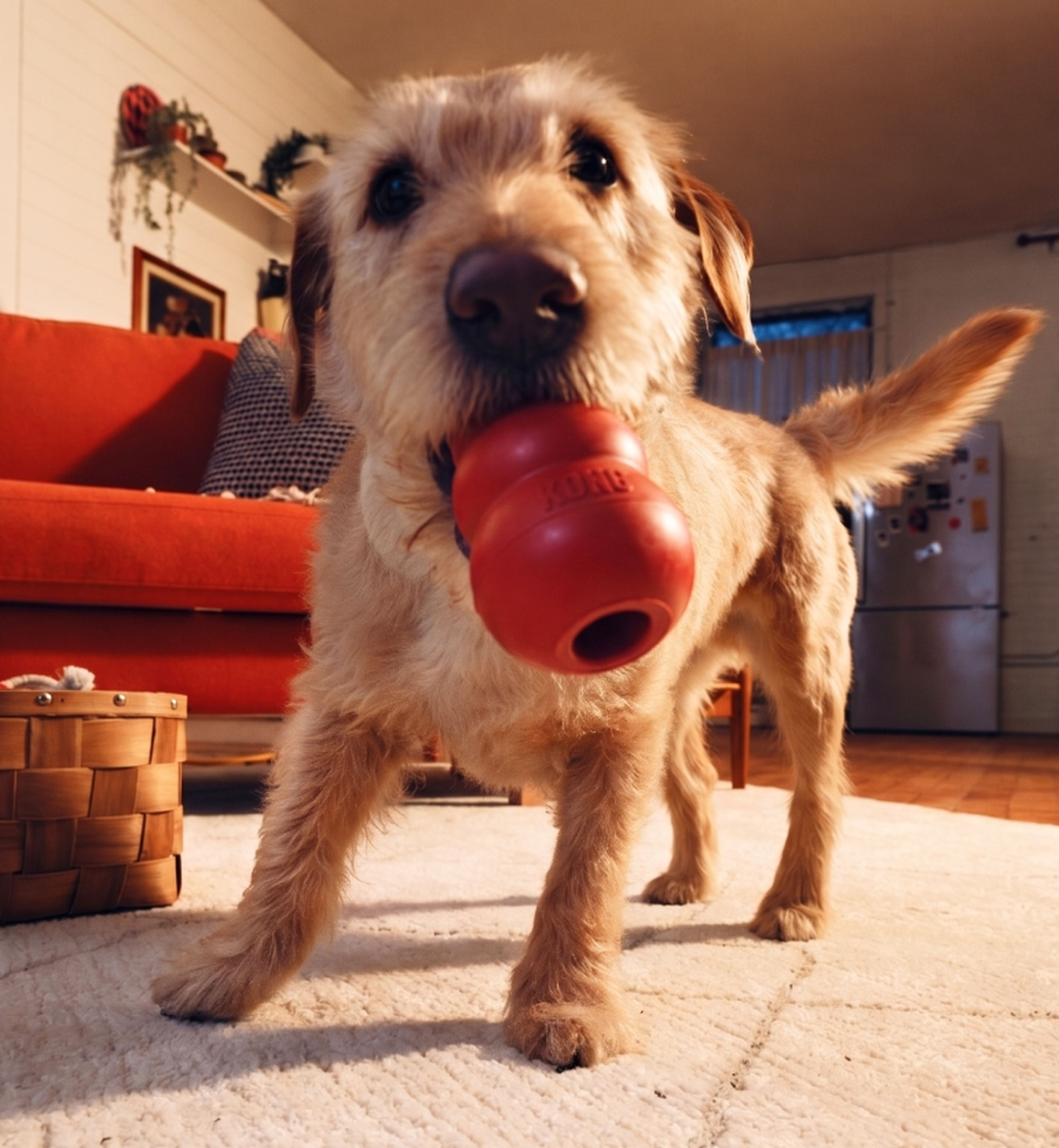 A shaggy dog stands on a carpet in a cozy living room, holding a red toy in its mouth, with a red couch and basket in the background.